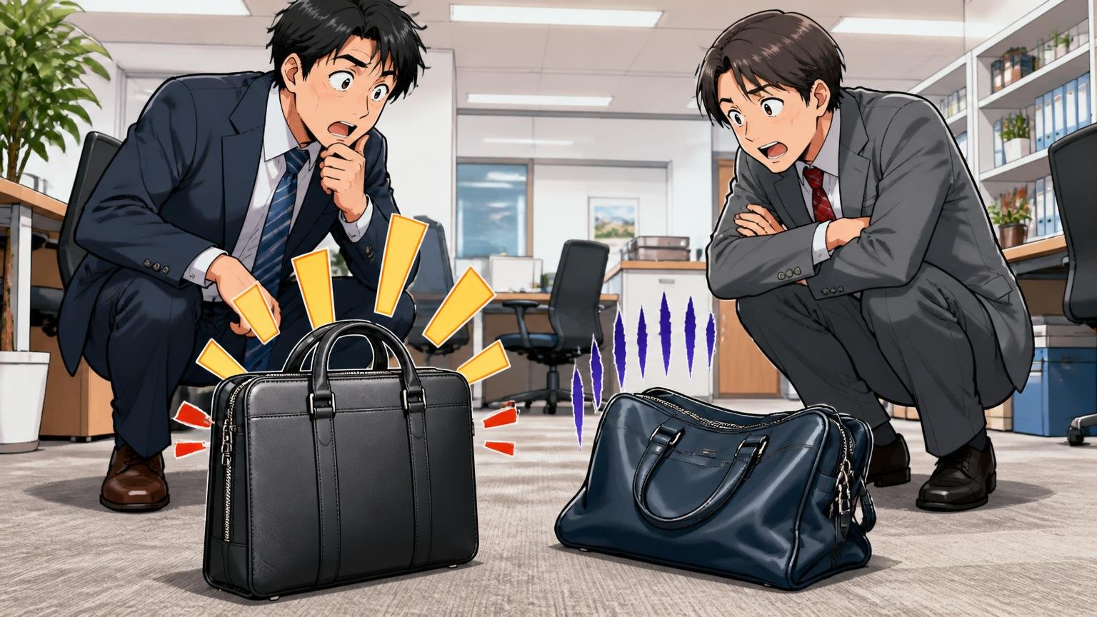 同じMGビジネスバッグで「自立する」と「すぐ倒れる」が並ぶワケ オフィスの床に2つのバッグを並べて見比べる男性2人