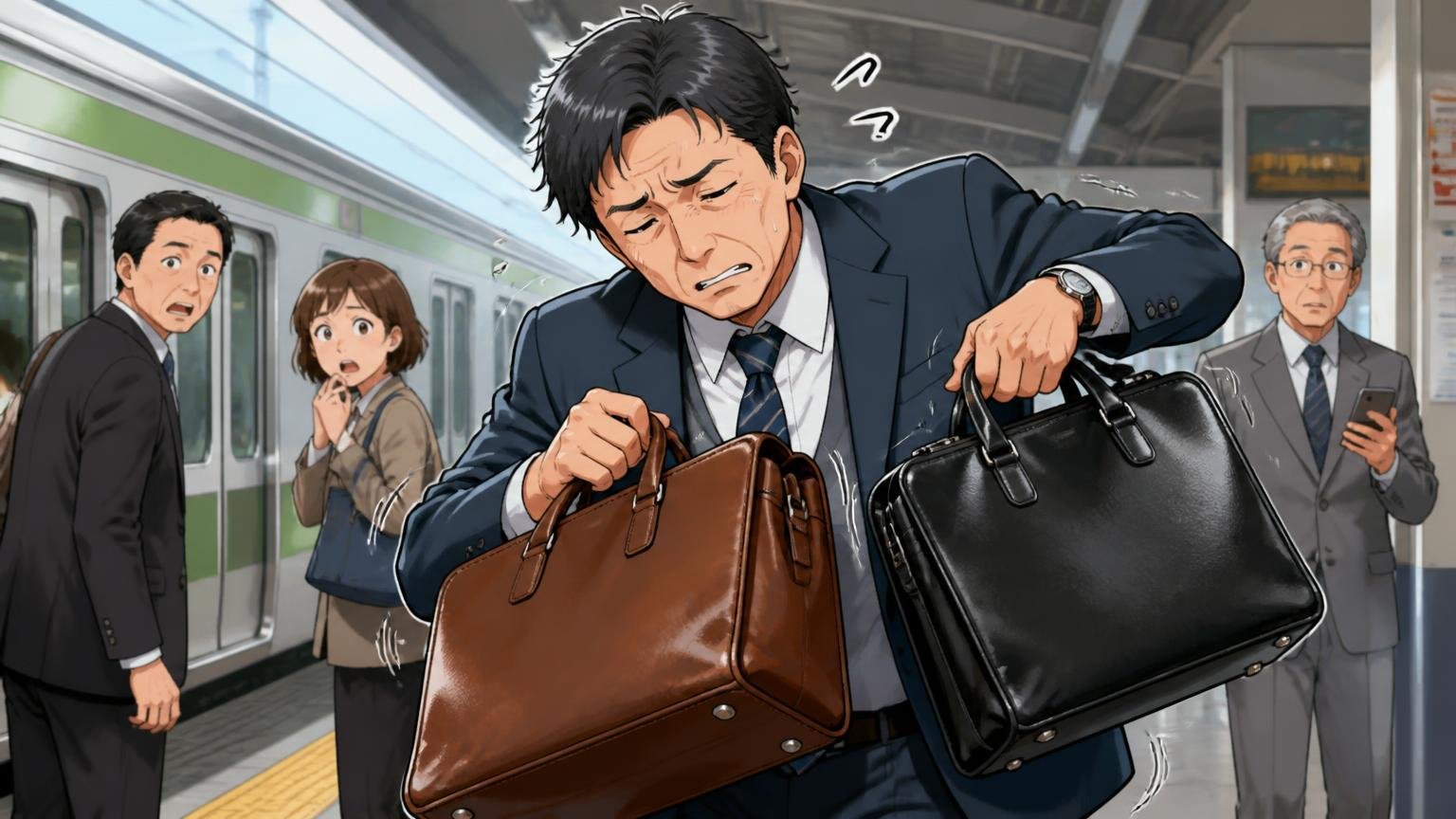 少し重いは本当？モデルによって約500gの差がある 通勤電車のホームで40代男性が重そうな革バッグを持ち替える場面