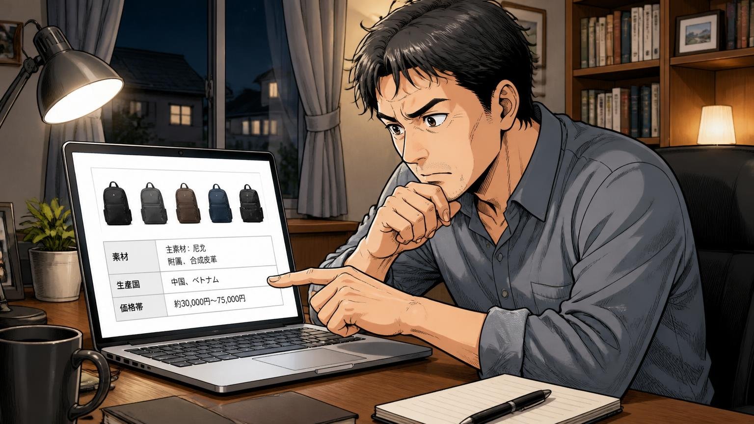 公式の現行5モデルは約3万〜7.5万円、生産国は中国とベトナム　夜の自宅の書斎で40代男性がノートパソコンで商品ページの素材表記を真剣に確認する場面