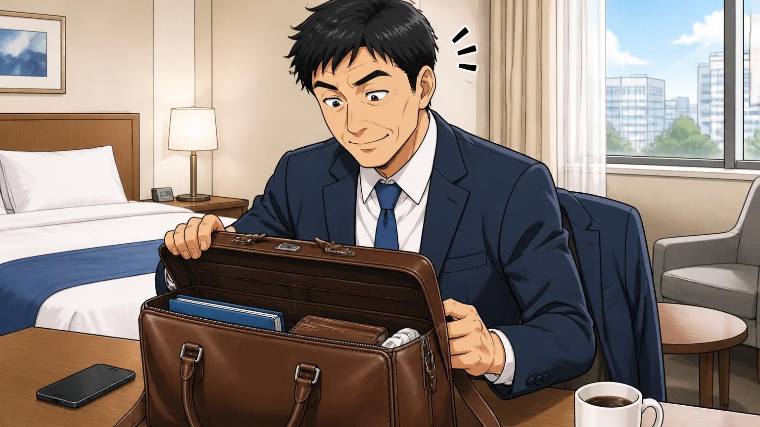 ビジネスバッグ（ブリーフケース）の評判：コスパと1泊出張サイズ、ただし自立しにくい。出張先のホテルの机で革のブリーフケースを開ける40代男性1人がうなずく場面
