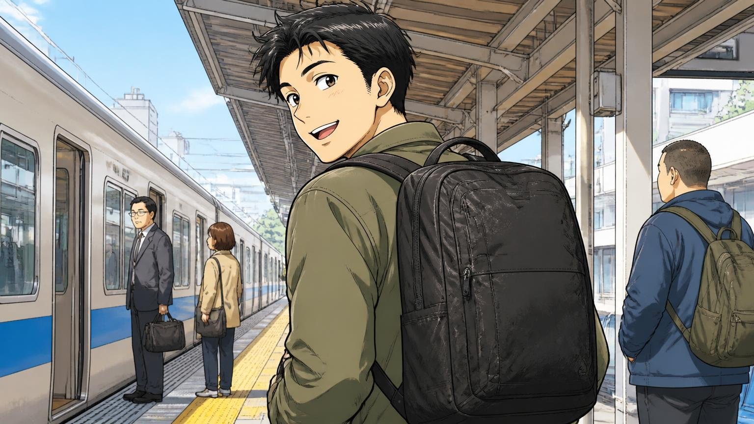 「4年使ってもヘタリなし」「5年経っても撥水OK」という長期ユーザーの声 駅のホームで使い込んだリュックを背負い満足げに笑う男性1人