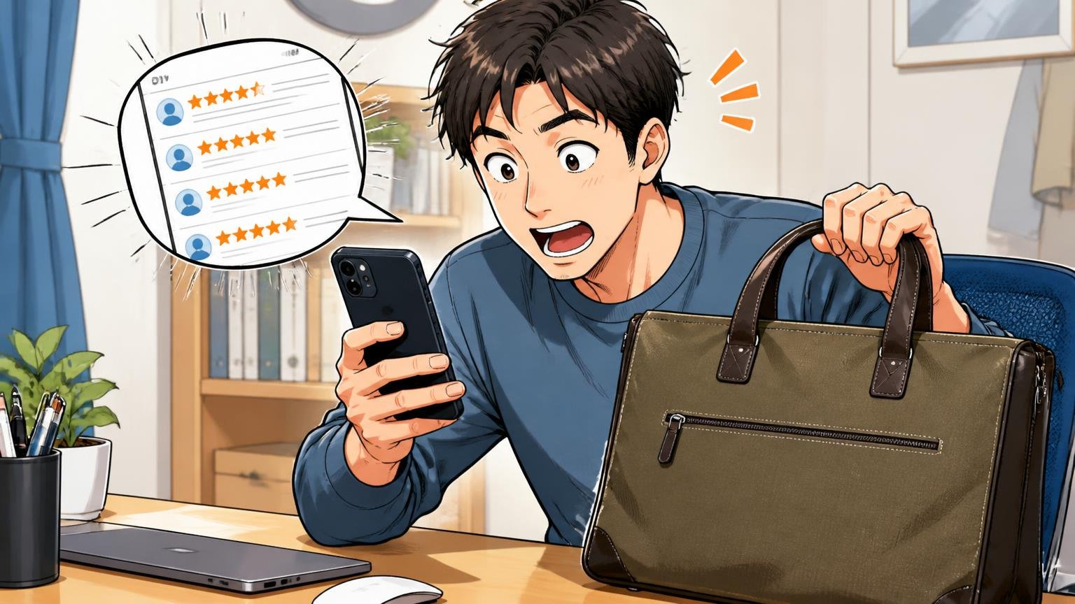 高評価の多くは「買ってすぐ」の声、自宅のデスクでスマホのレビューと届いたばかりのバッグを見比べる男性1人