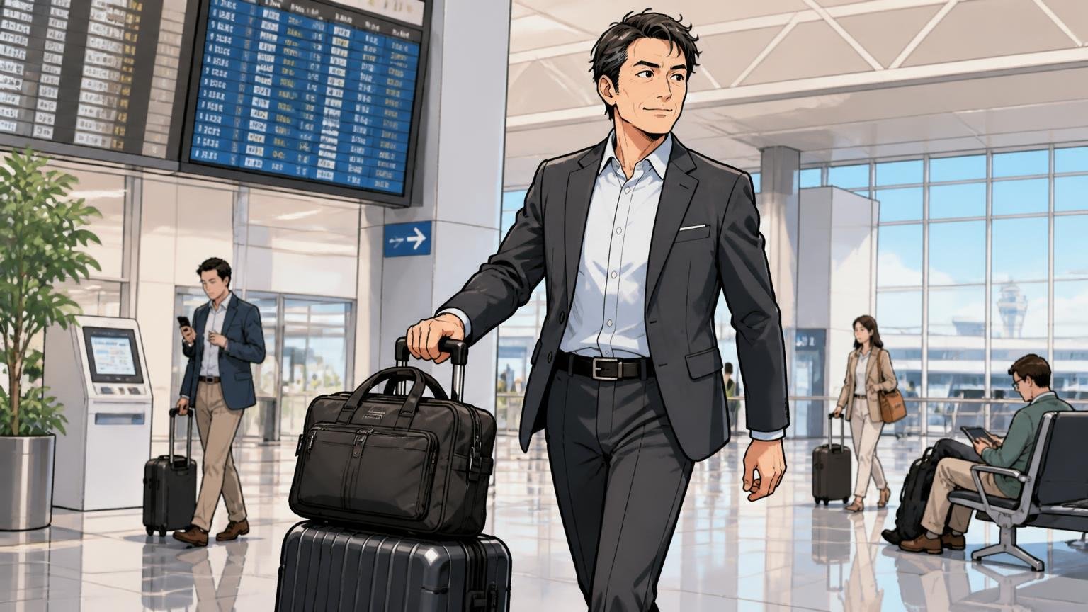 向いている人：出張が多く、軽さと機能、トラベルブランドの世界観を求める人 空港のロビーでスーツケースにバッグを載せた40代男性1人が颯爽と歩く場面