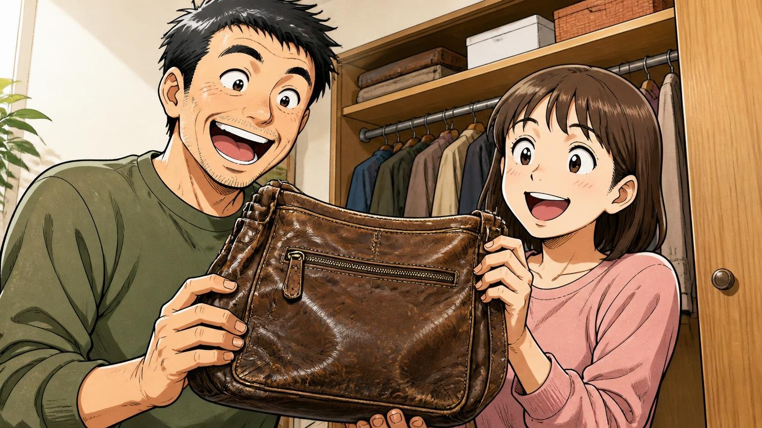 良い口コミ：「1万円以上のバッグより長持ちした」 自宅のクローゼットの前で使い込んだバッグを手に笑顔を見せる夫婦2人