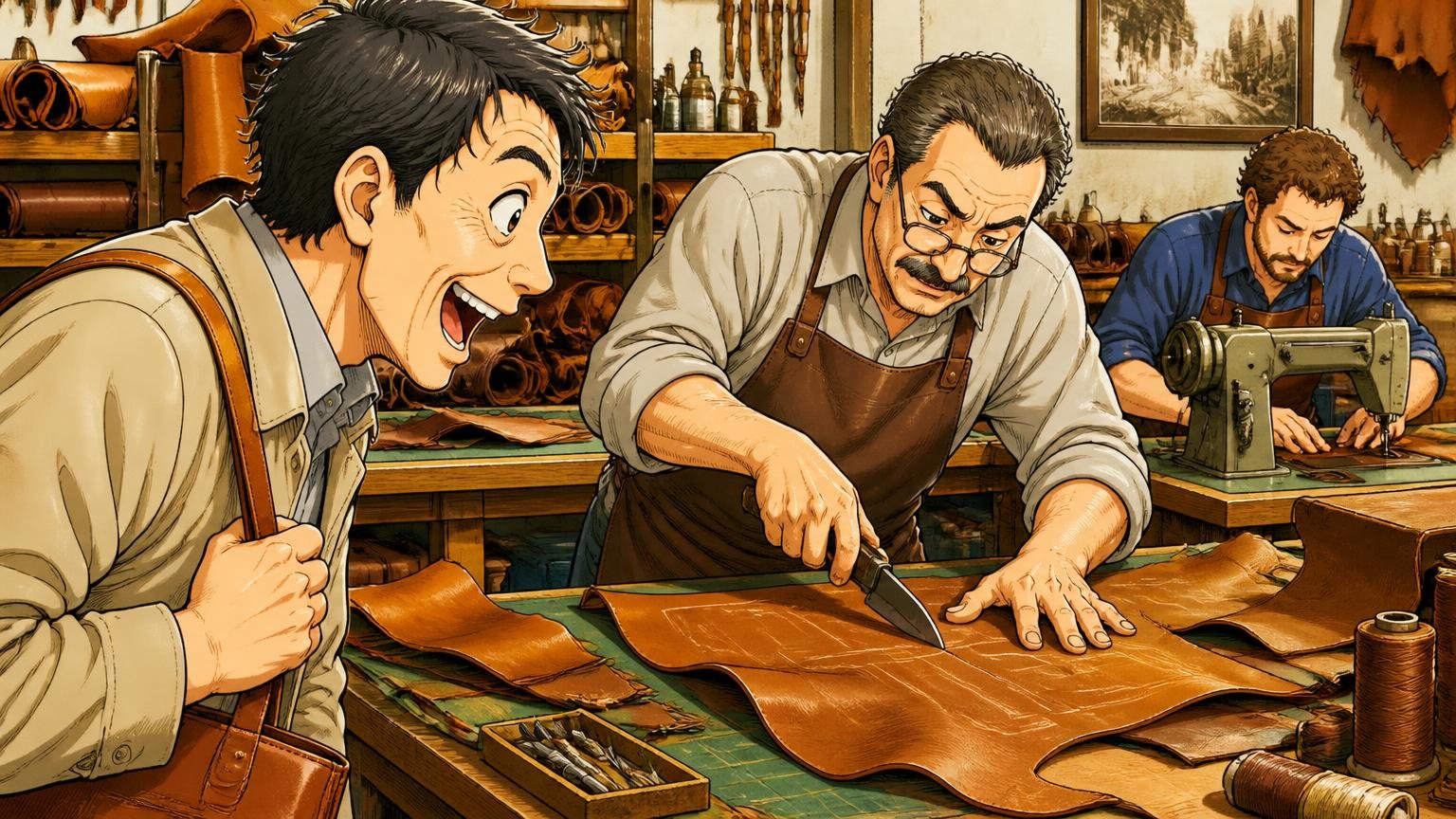1906年創業、革製品は約100年の歴史とフィレンツェの自社拠点。革工房で職人2人が革を裁断し縫製する場面を見学する40代男性