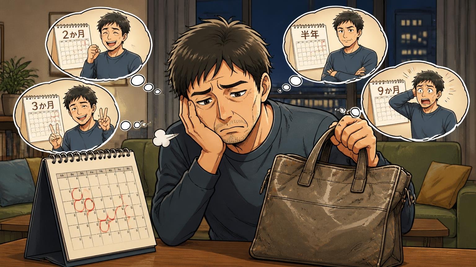 星の数より「使用期間」を見る|2か月・3か月・半年・9か月の声 夜のリビングで40代男性がカレンダーとくたびれたバッグを見比べてため息をつく場面