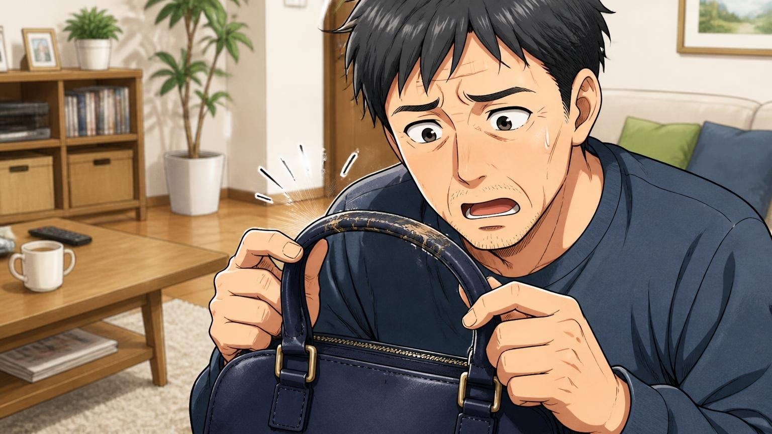 持ち手や背面など、決まった場所から傷みやすい 自宅のリビングで傷んだバッグの持ち手を見つめる40代男性1人