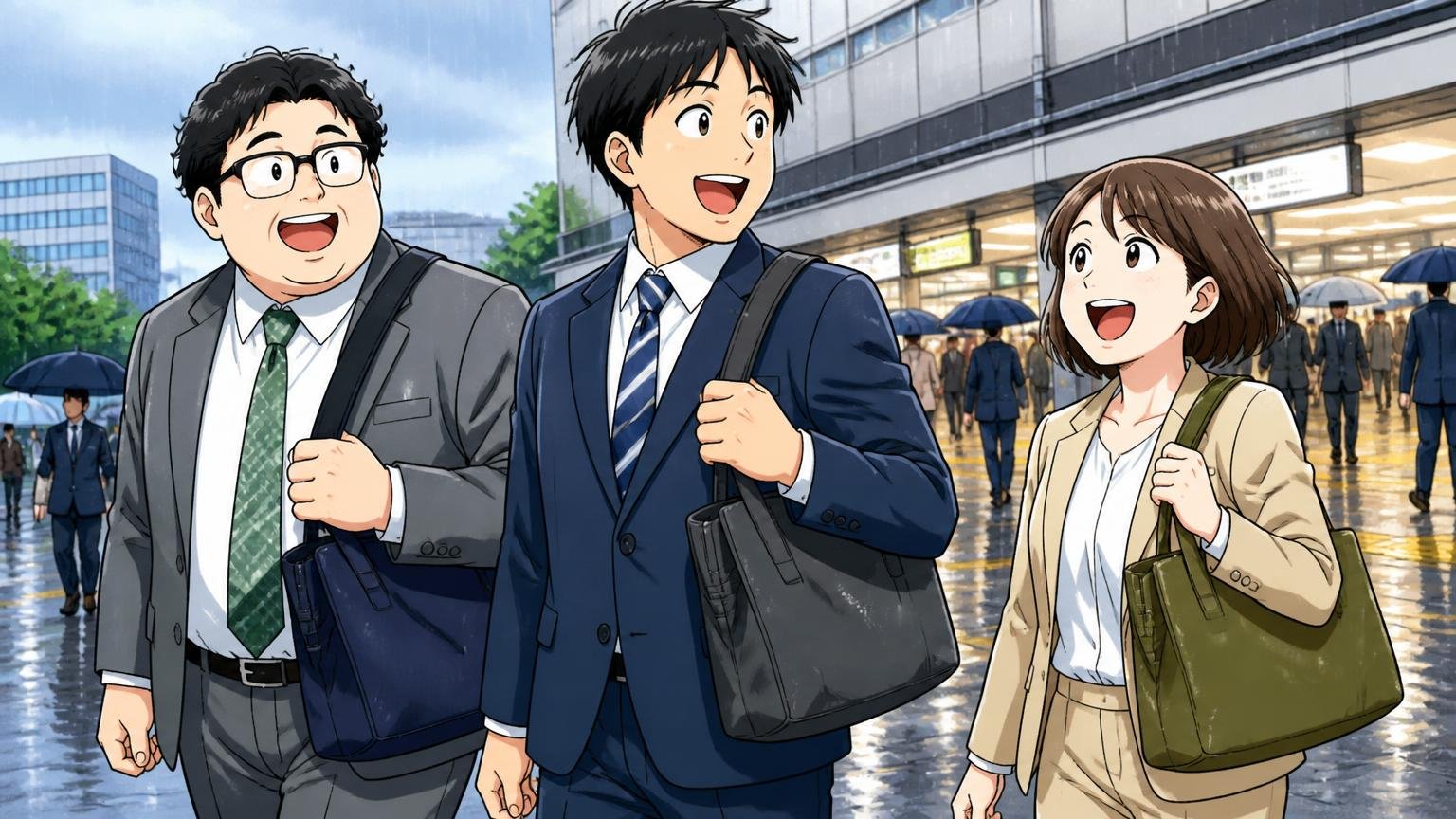 向いている人：価格と軽さ、ギフトやサブ用を優先したい人 雨の駅前でナイロン系のバッグを肩にかけて笑顔で歩く会社員3人