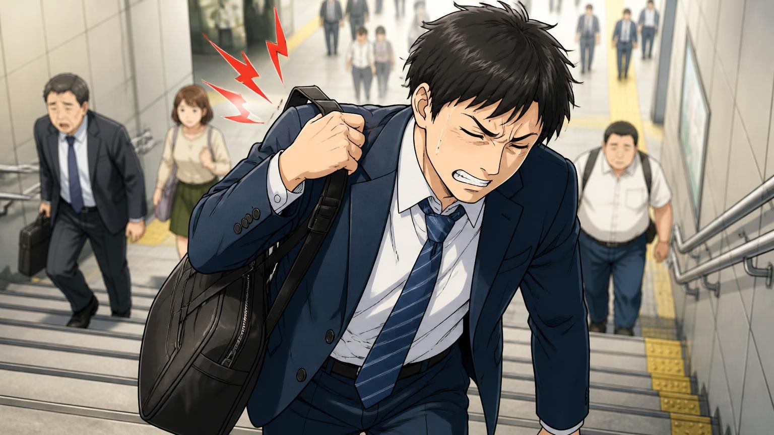 留め具が切れた声は「重いPCを毎日肩掛け」という使い方に集中している 駅の階段でPCの入った重いバッグを片方の肩にかけ、顔をしかめる男性1人
