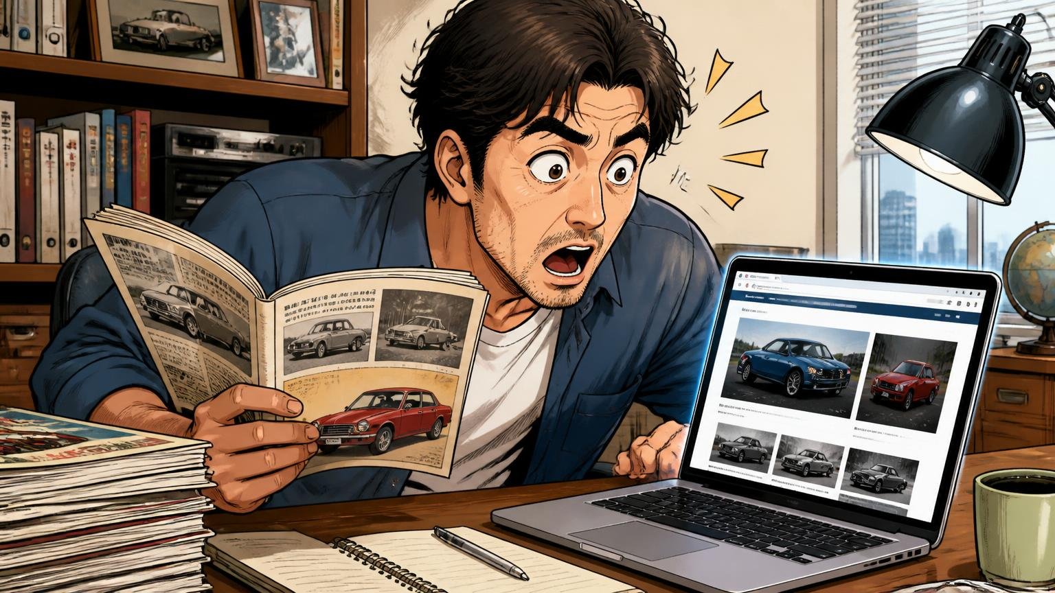 1968年にニューヨークで生まれ、日本ではライセンスから直接販売に変わった 書斎の机で古い雑誌と新しい公式サイトを見比べて驚く40代男性1人の場面