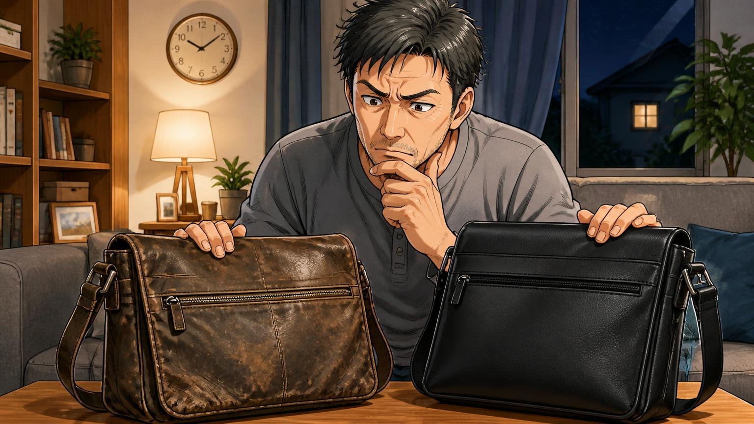 使用期間:「使って1週間の高評価」と「5年使った人の本音」は別物 夜の自宅のリビングで使い込んだバッグと新品を見比べる40代男性1人が考え込む場面