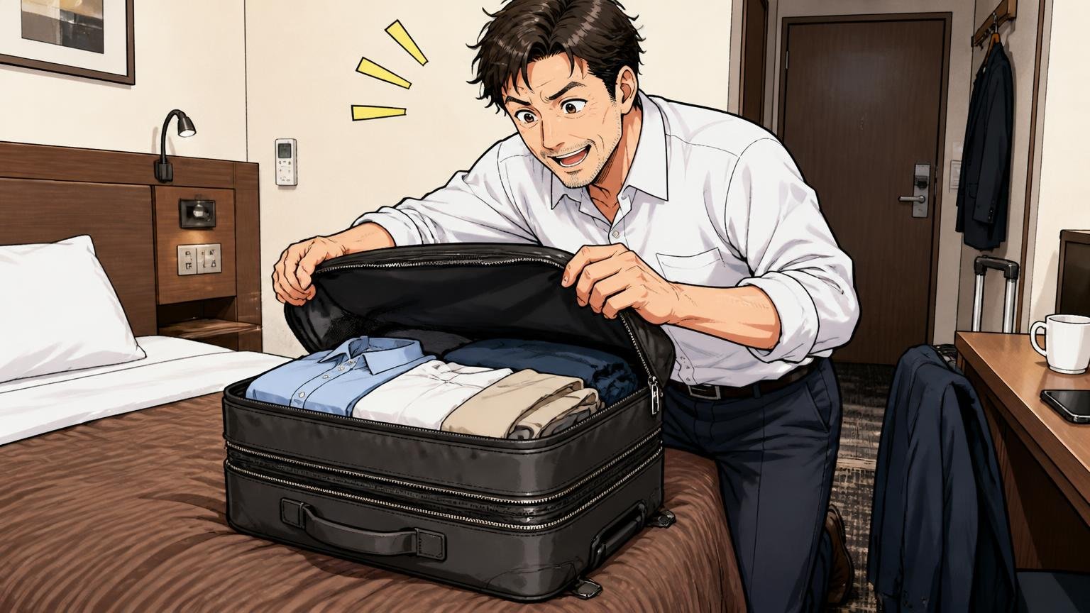 「厚みを変えられる」出張に強い収納力とマチ拡張。ビジネスホテルの部屋でバッグのファスナーを広げて着替えを詰める40代男性1人の場面