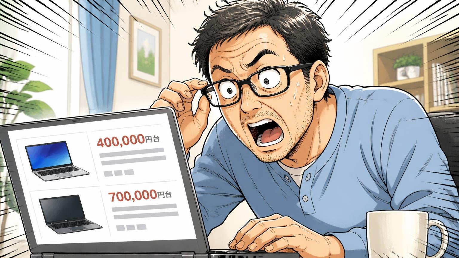 価格は40万円台から70万円台、値上げも続いている 自宅のデスクでパソコンの価格表示に目を丸くする40代男性1人