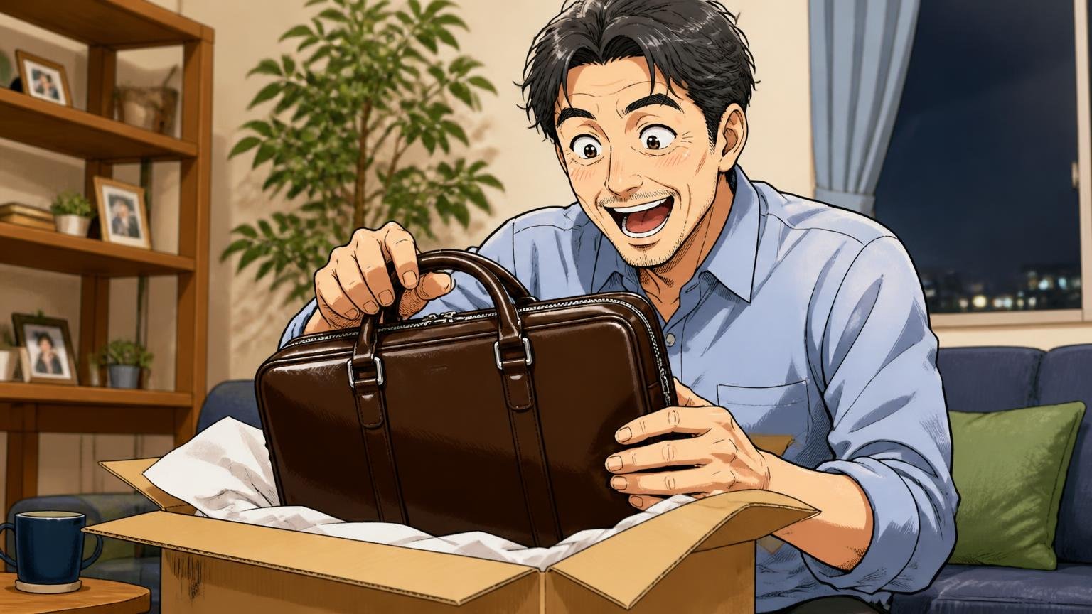 届いた直後の見た目に満足、夜のリビングで届いた革のビジネスバッグの箱を開けて目を輝かせる40代男性