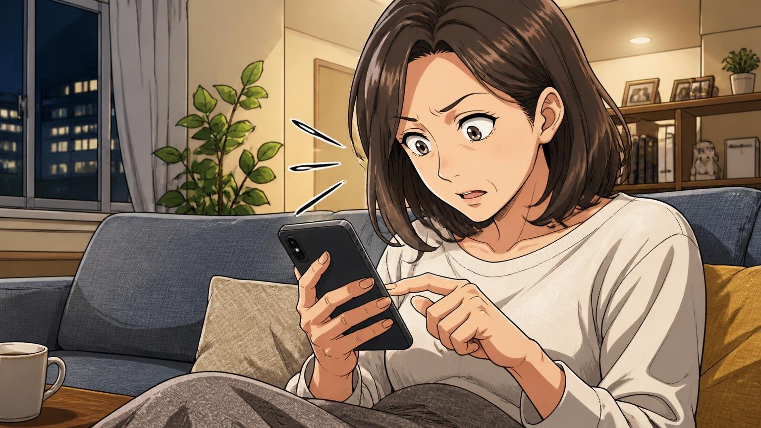 星4点台の多くは「届いた直後の第一印象」 夜のリビングのソファでスマホのレビュー画面を何度もスクロールする40代女性1人