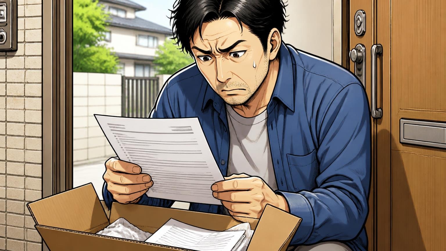 保証書なし・自己都合の返品不可という販売条件玄関先で受け取った段ボールの中の書類を確かめ眉をひそめる40代男性1人の場面