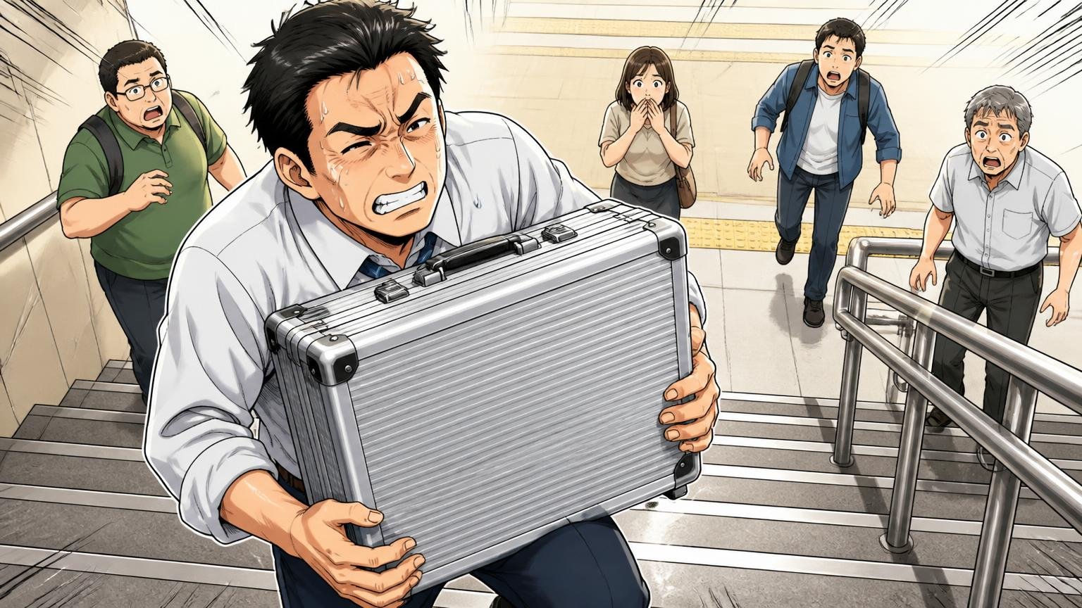 「重い」という声は、アルミのアタッシュケースに集中している、駅の階段でアルミのアタッシュケースを両手で抱えて汗をかく男性1人