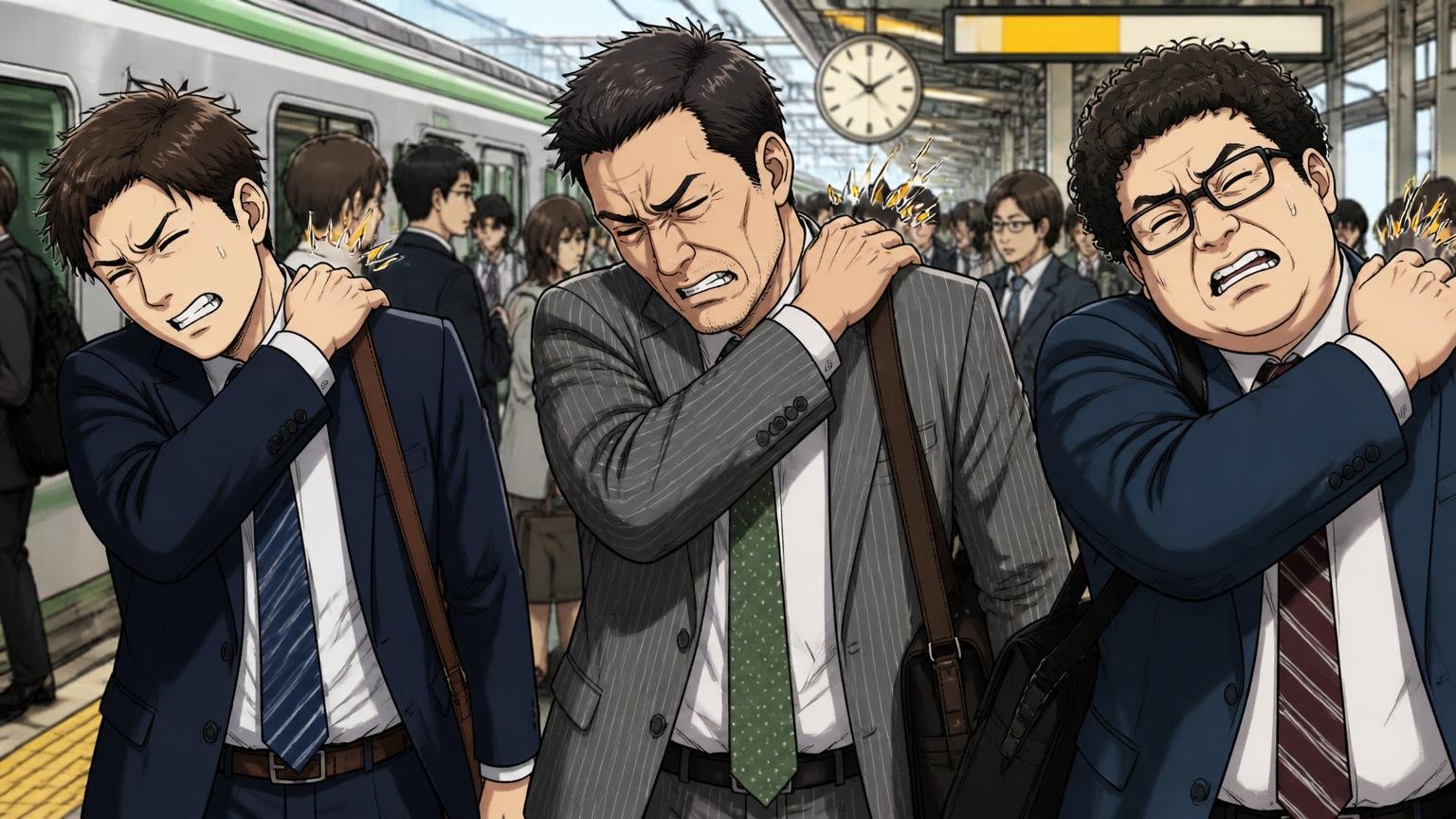 重い荷物を毎日肩掛けする人ほど、付け根の傷みを感じやすい朝の駅のホームで重いバッグを肩に掛けた会社員3人が肩をさする場面