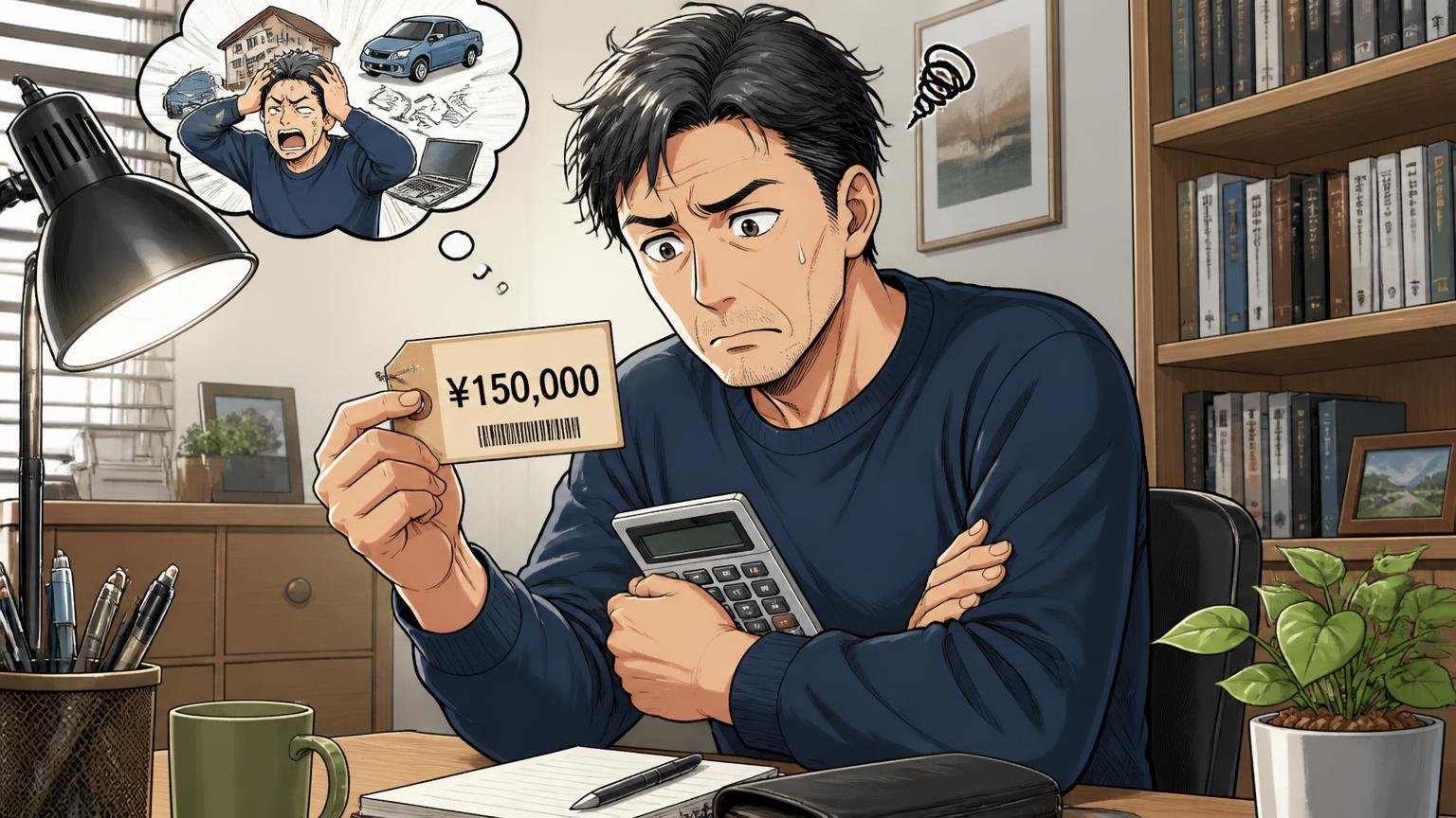 「15万円は割高」と感じる人もいる価格の壁、自宅の書斎で値札を見つめる40代男性が電卓を片手に腕を組んで悩む場面