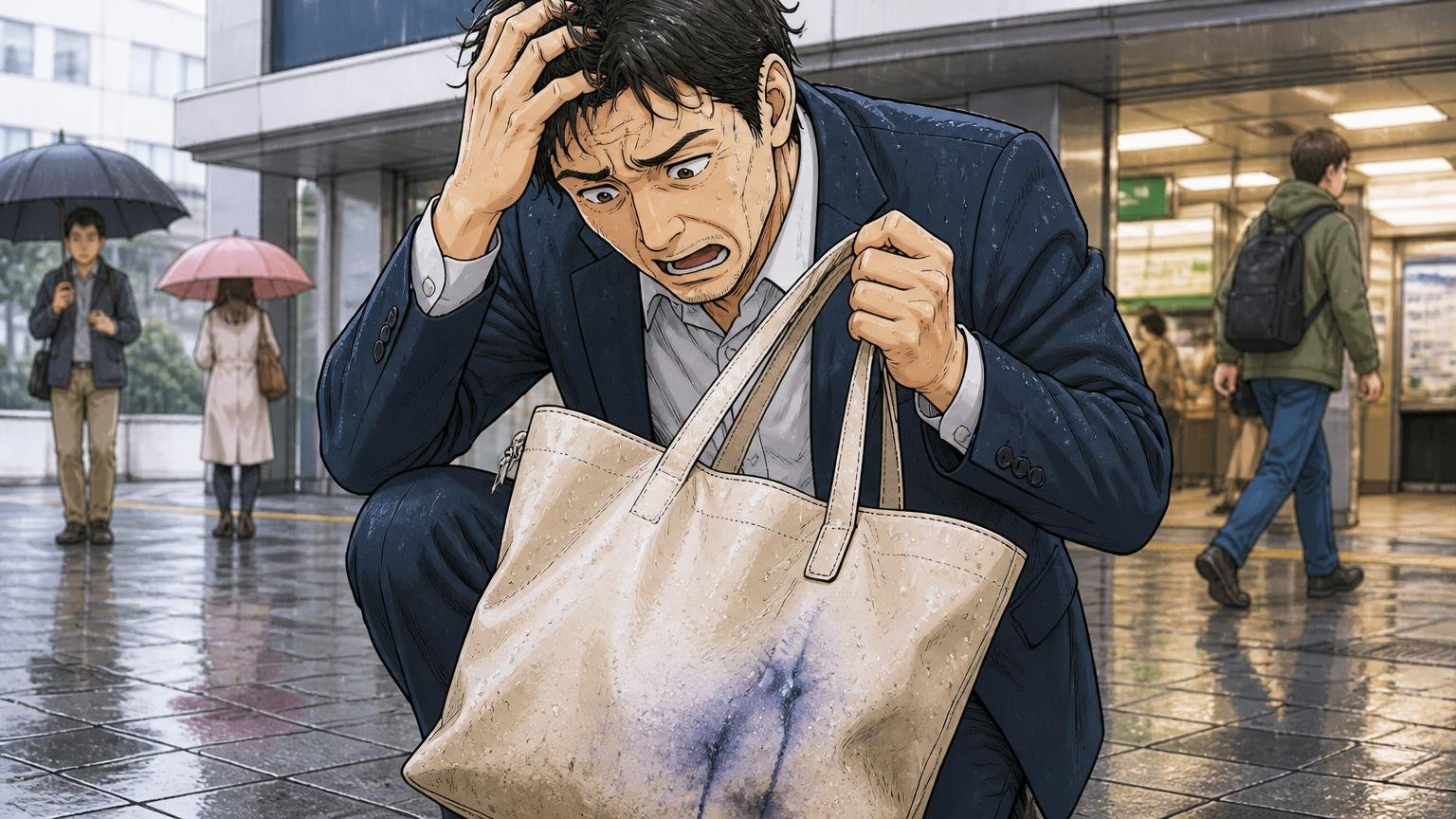 「雨ジミが目立つ」「服に色が移った」 雨の駅前で濡れた明るい色の革トートを見つめる場面 40代男性1人 頭を抱えてがっかりする