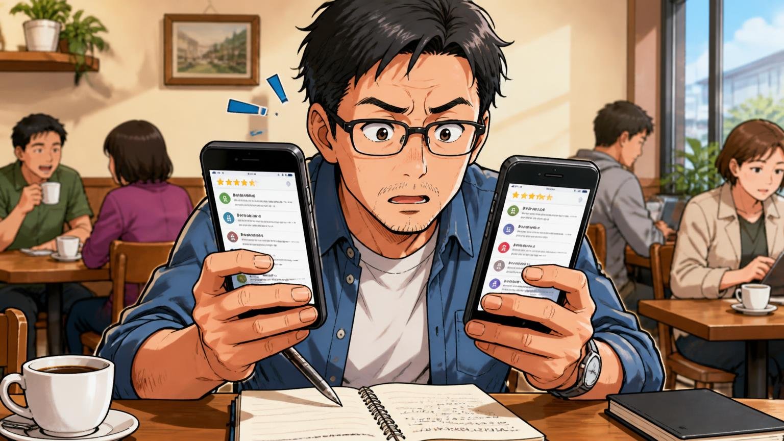 何年使った人の声かを確かめる カフェでスマホの口コミ画面を見比べながらメモを取る40代男性1人
