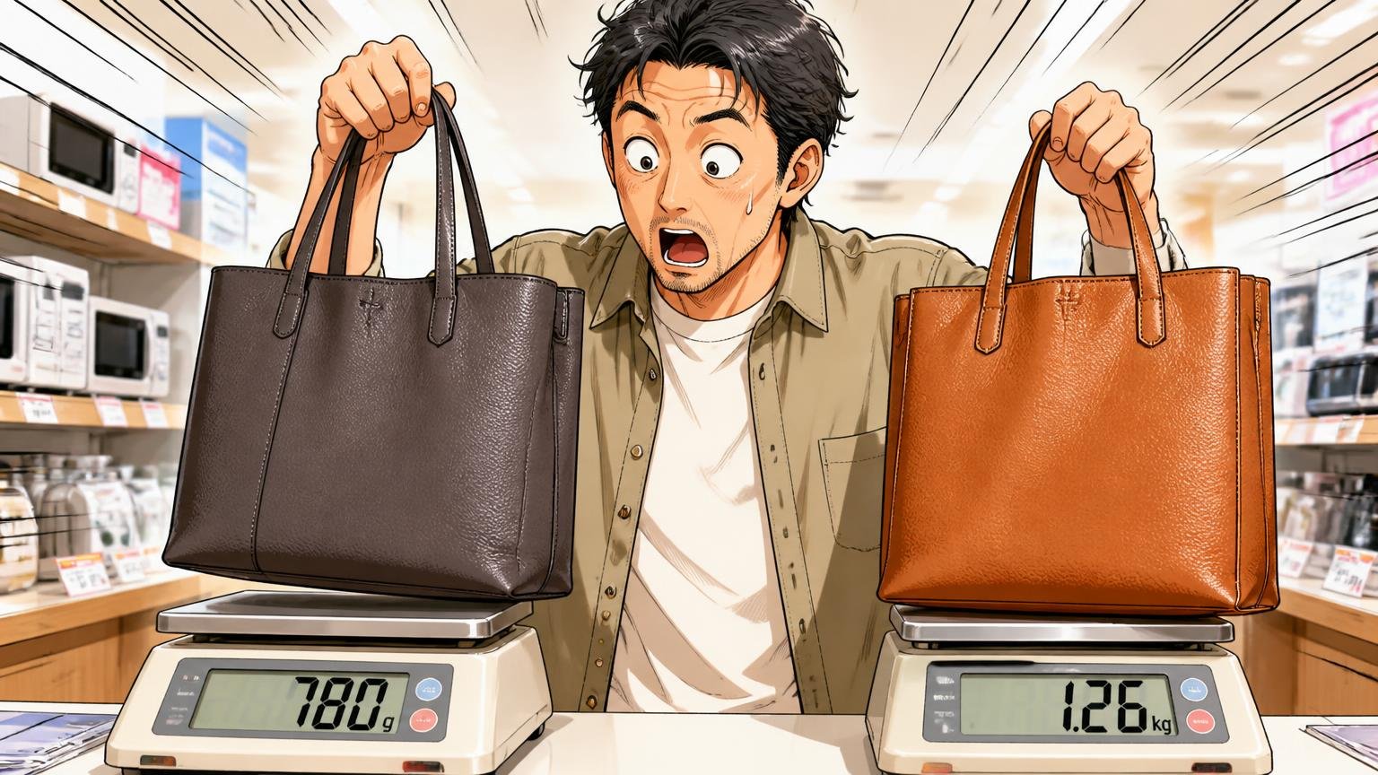 理由①モデルで重さがまるで違う（約780gと「1kg以上」）、家電量販店のはかり売り場で2つの革トートを持ち比べて目を丸くする40代男性1人