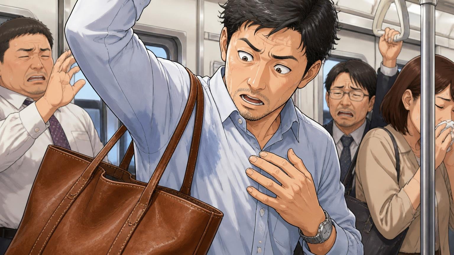 汗や角の色落ちは革の性格　夏の通勤電車で革のトートを肩に掛けた40代男性がシャツを気にしてハッとする場面