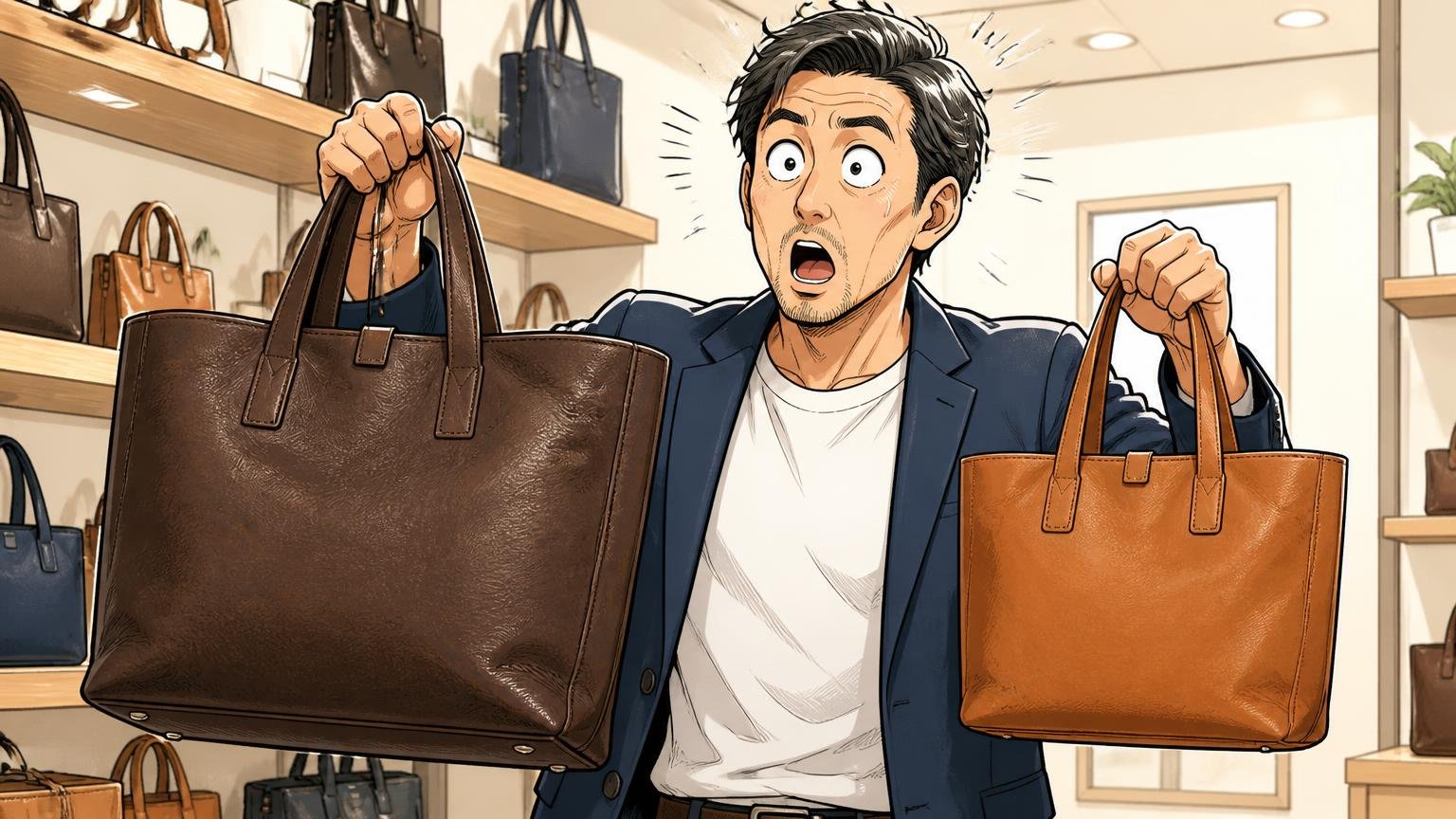 重さは410g〜1,450g、モデルによって3倍以上違う 明るいショップの棚の前で革トートを両手に持ち比べる場面 40代男性1人が目を丸くして驚く