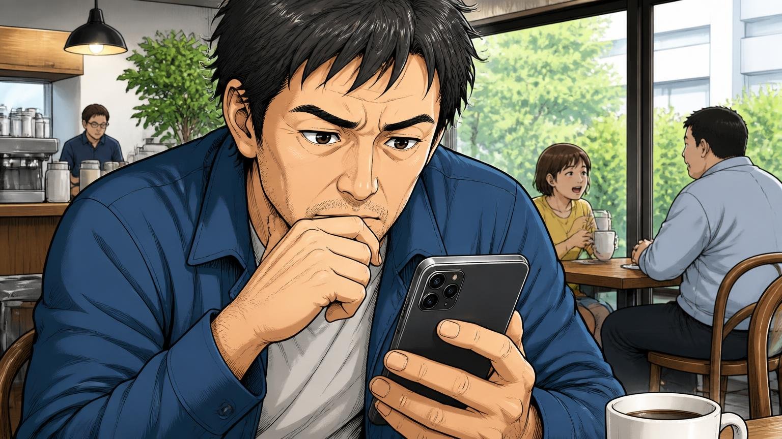 「何年使った人の声か」で口コミの重みは変わる、カフェでスマホのレビューを読み比べ真剣な顔の40代男性