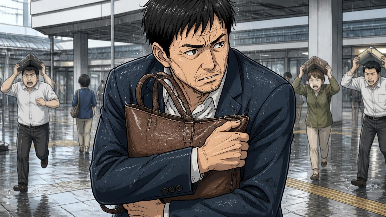 雨や汗で色落ちしやすいのは、革の性質と注意書きを知らずに使うから 雨の駅前で革トートを胸に抱えて守る40代男性1人の場面
