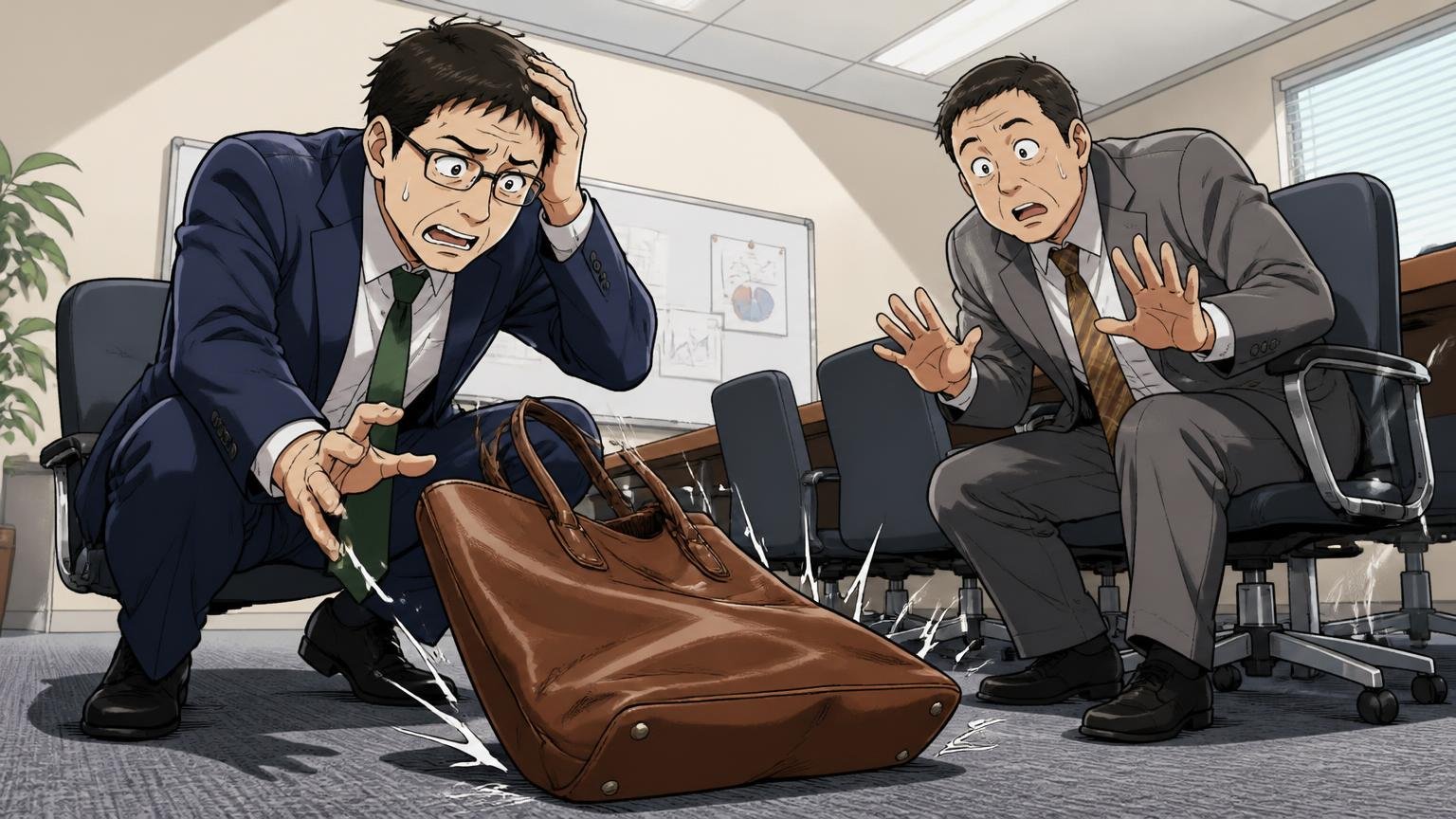 「使ううちに自立しなくなった」は公式の注意書きどおり　会議室の床に置いた革のトートがくたりと傾き困惑する40代男性と同僚の2人