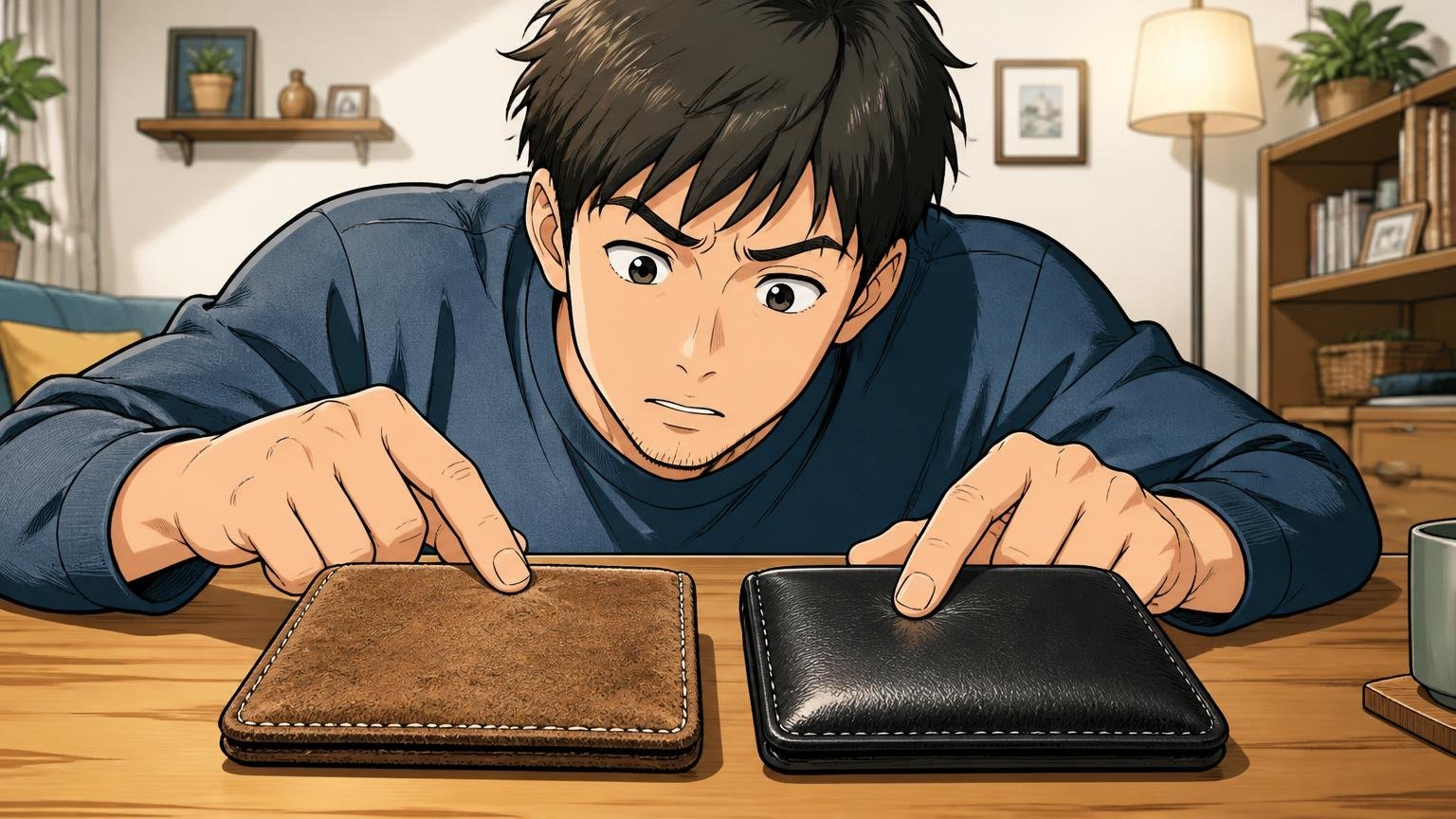 「床革」と「牛革」では年月の重ね方がちがう 自宅のテーブルで男性が2つの革小物を並べて表面を指でなぞり見比べる場面