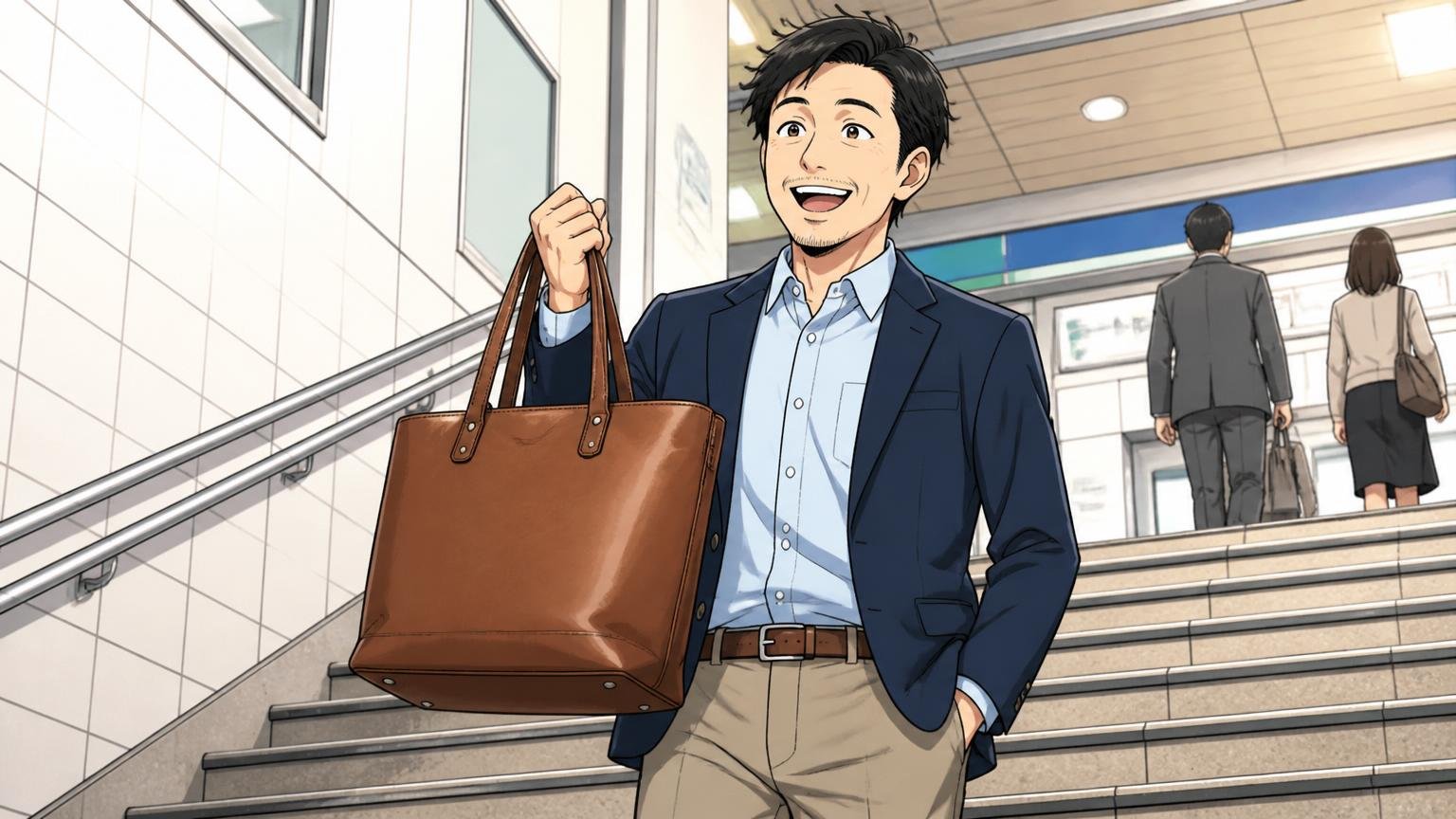 本革でも1kg前後、PCを入れても「軽い」と感じる声駅の階段で革トートを片手に持ち軽さに笑顔を見せる40代男性1人