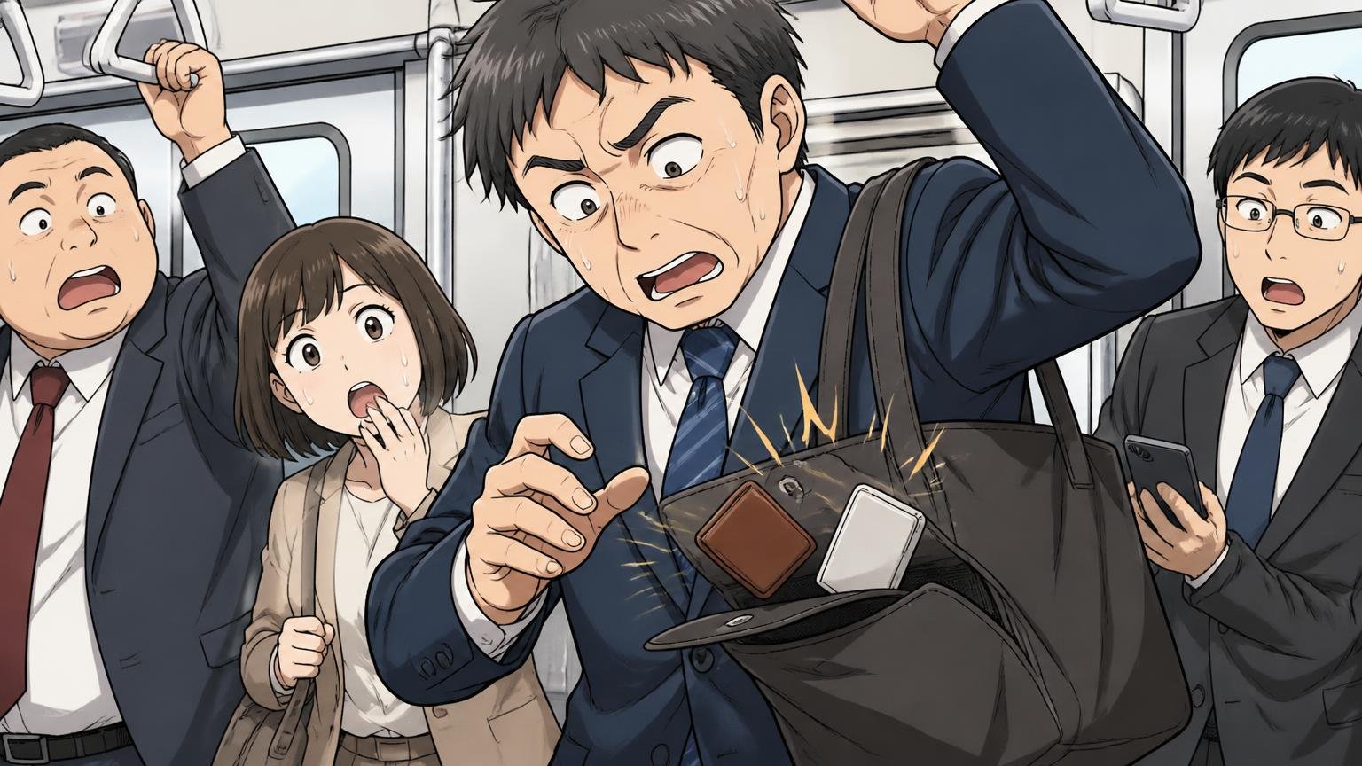 外ポケットのマグネットが弱く、肩にかけると開く 通勤電車の車内で40代男性の肩のトートの外ポケットがぱかっと開き慌てる場面