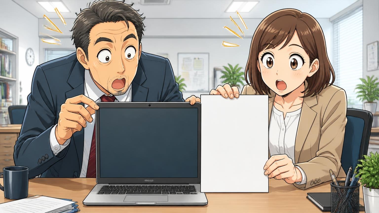 13〜14型のノートPCはA4用紙より一回り大きい オフィスのデスクでノートPCとA4用紙を重ねて大きさを比べる場面、40代男性と30代女性の2人、目を丸くする