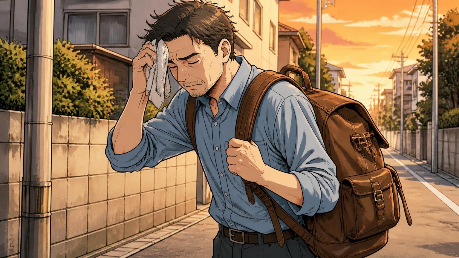 「正直重さは感じる」革リュックならではの重さ、夕方の帰り道で重そうな革リュックを背負う40代男性1人が額の汗をぬぐう場面