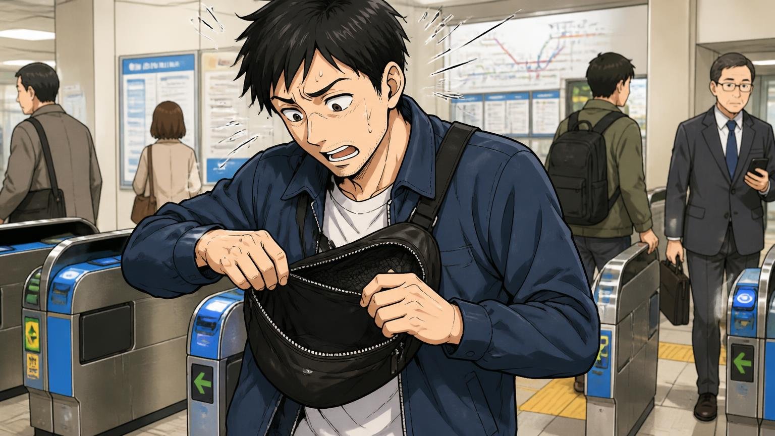 思ったより小さい・仕切りがなく取り出しにくい 駅の改札前でボディバッグの中を探る30代男性1人が困った顔をする場面