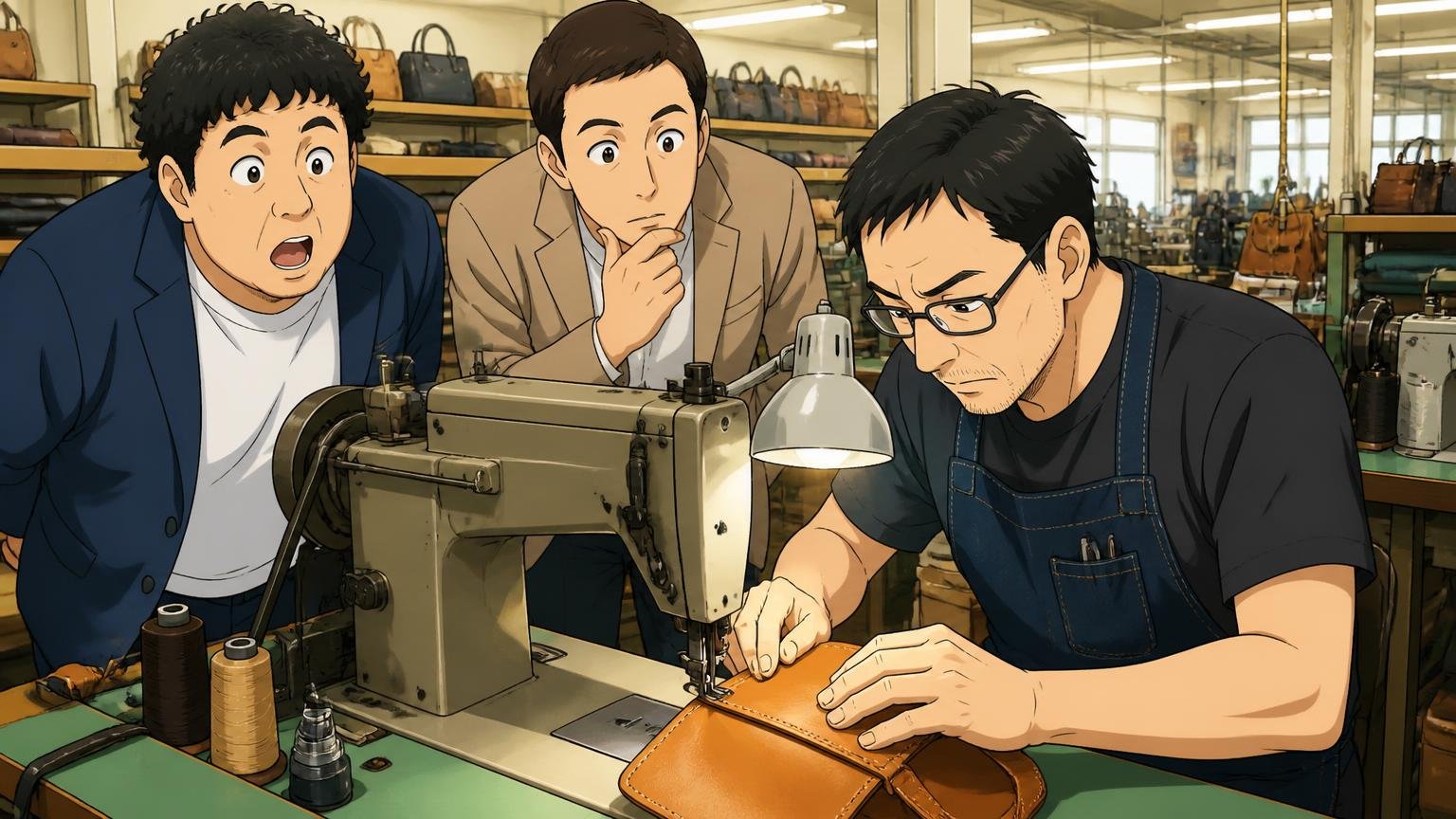 日本のバッグメーカー「キヨモト」が2005年に立ち上げたブランド 革バッグ工場の作業台で職人が革を縫う様子を見学する男性2人