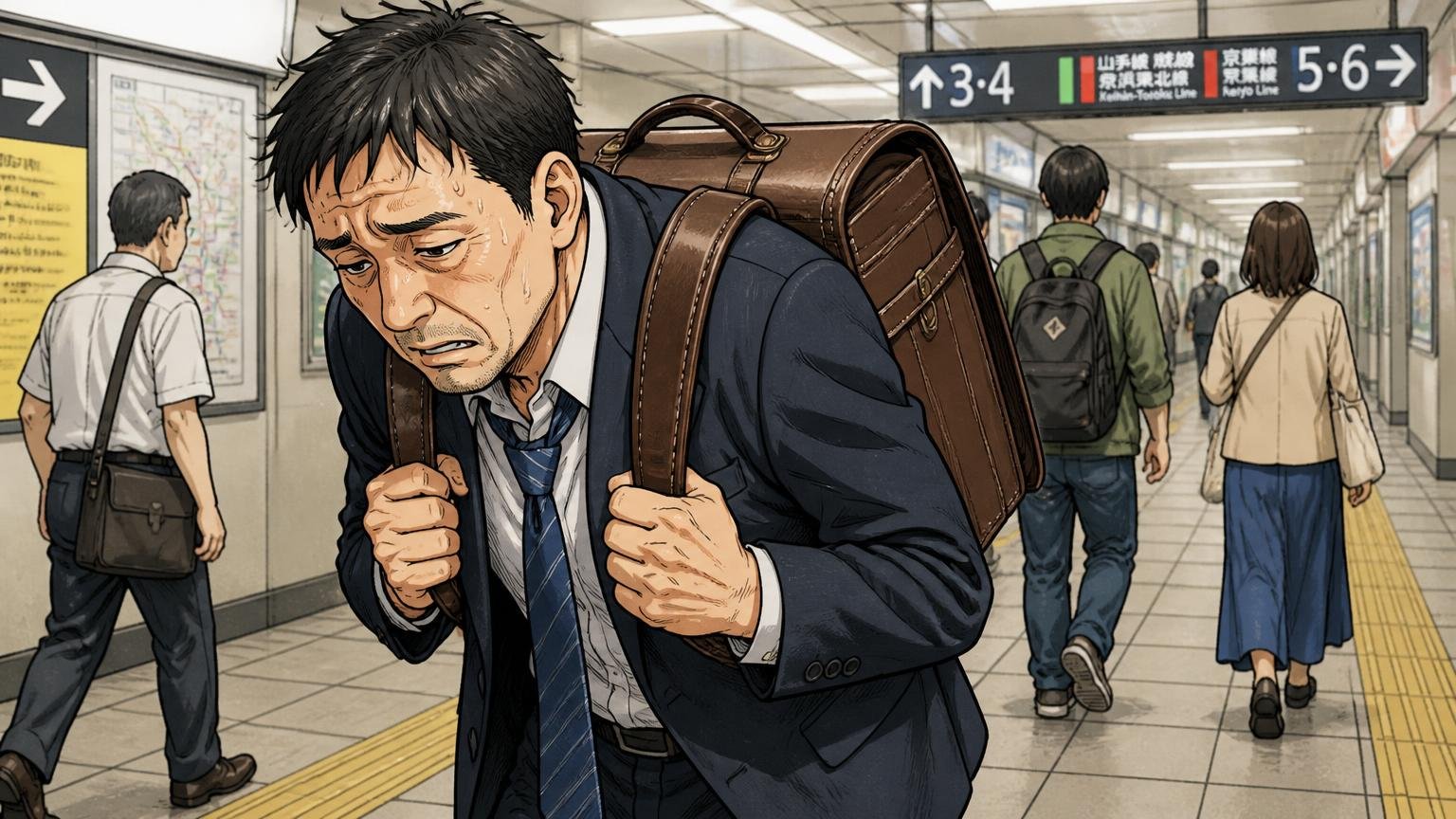 「まず重い。30分が限度」大人ランドセル型は1.5kg超え 駅の乗り換え通路で革リュックを背負う40代男性1人が疲れた表情の場面