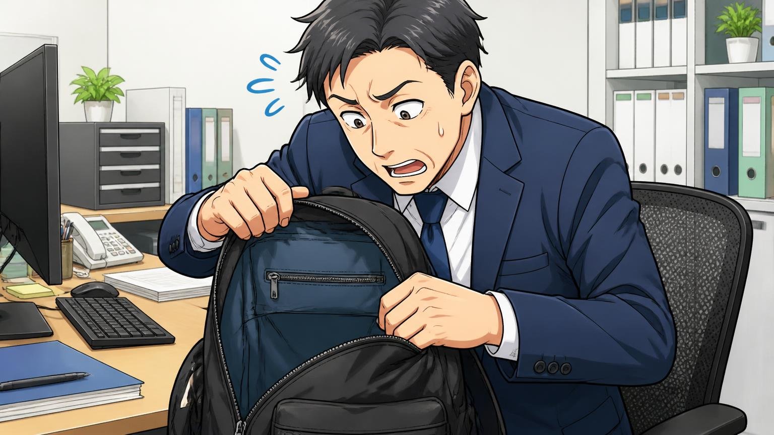 「内側のポケットが1個」細かく仕分けたい人は注意、オフィスのデスク脇でリュックの中身を探す40代男性1人が困り顔になる場面