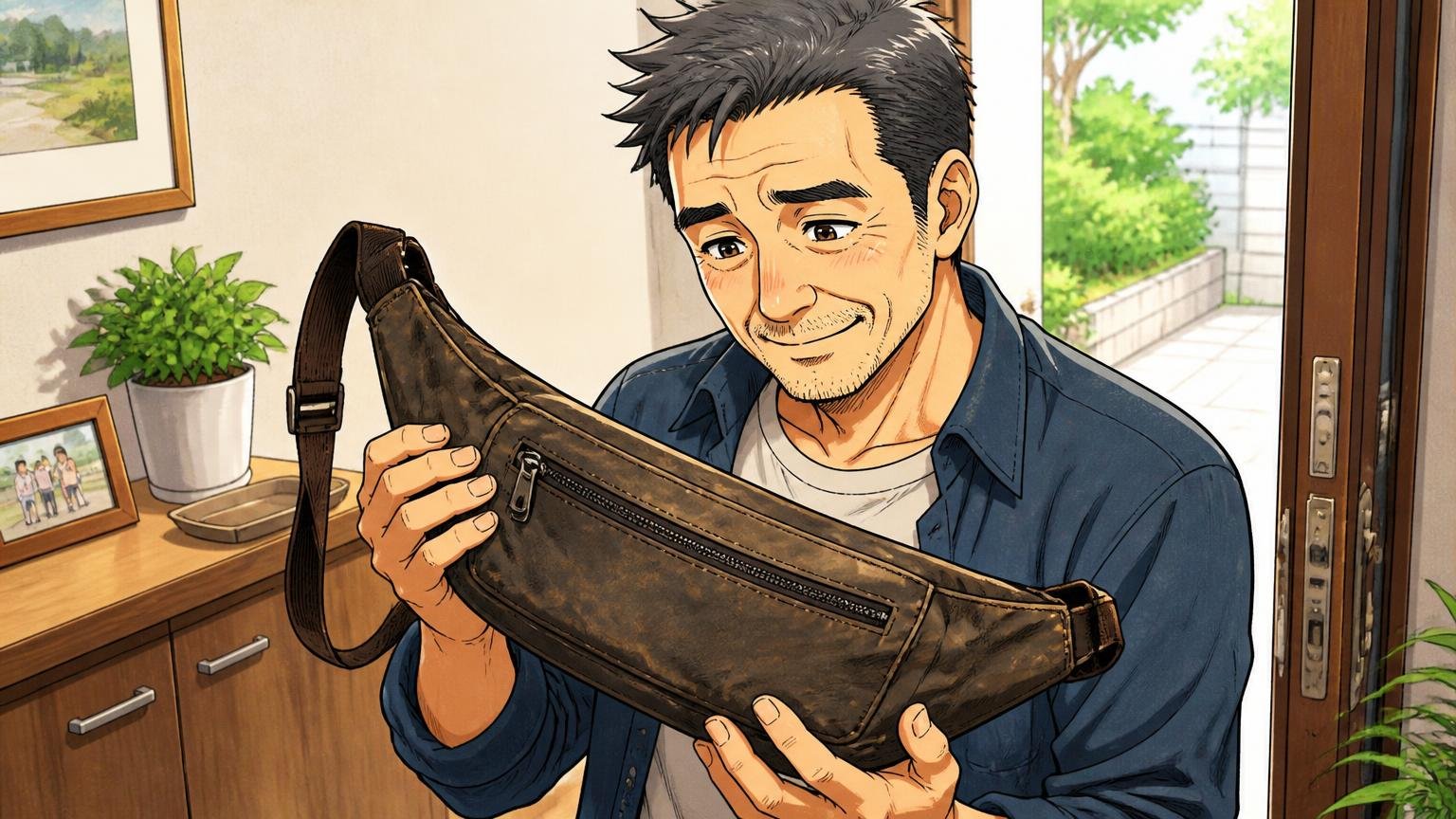7年・10年・15年…長く使った人ほど「買ってよかった」と書いている 自宅の玄関で使い込んだボディバッグを手に取る50代男性が懐かしむ場面