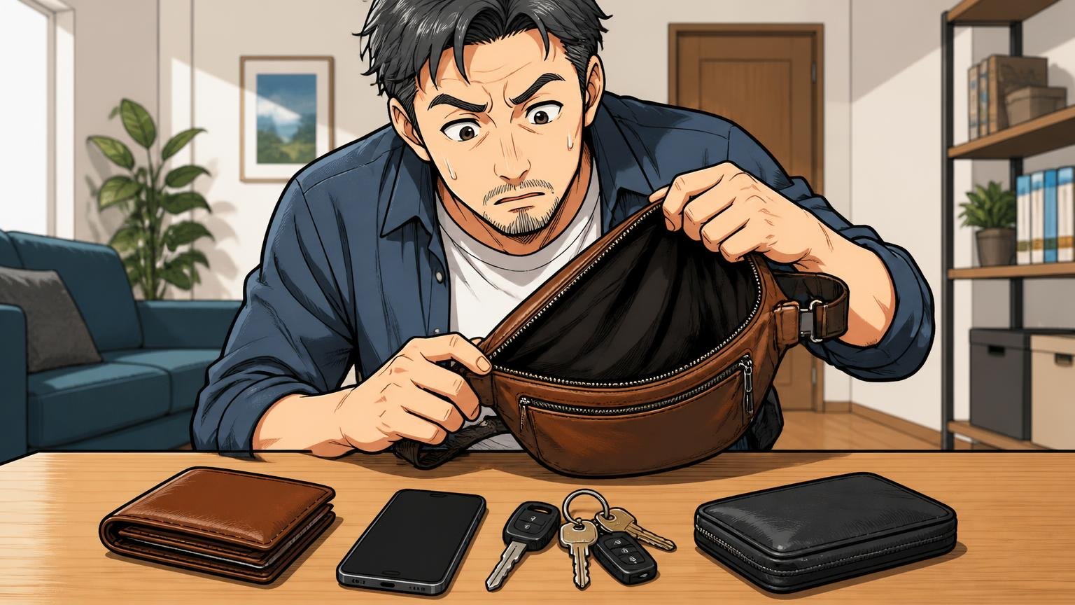 「思ったより小さい」は荷物の量と使う場面で決まる 自宅のテーブルに財布やスマホや鍵を並べ革のボディバッグに入るか確かめる40代男性1人