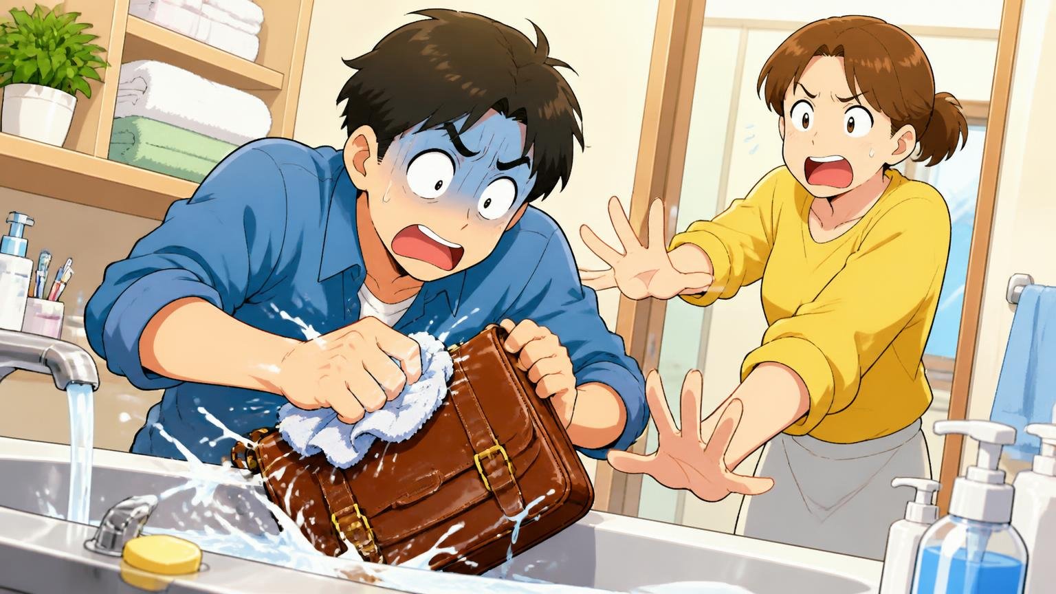 濡れたタオルでゴシゴシこする 自宅の洗面所で濡れタオルで革バッグを力いっぱいこすり青ざめる20代男性と止めに入る30代女性の2人