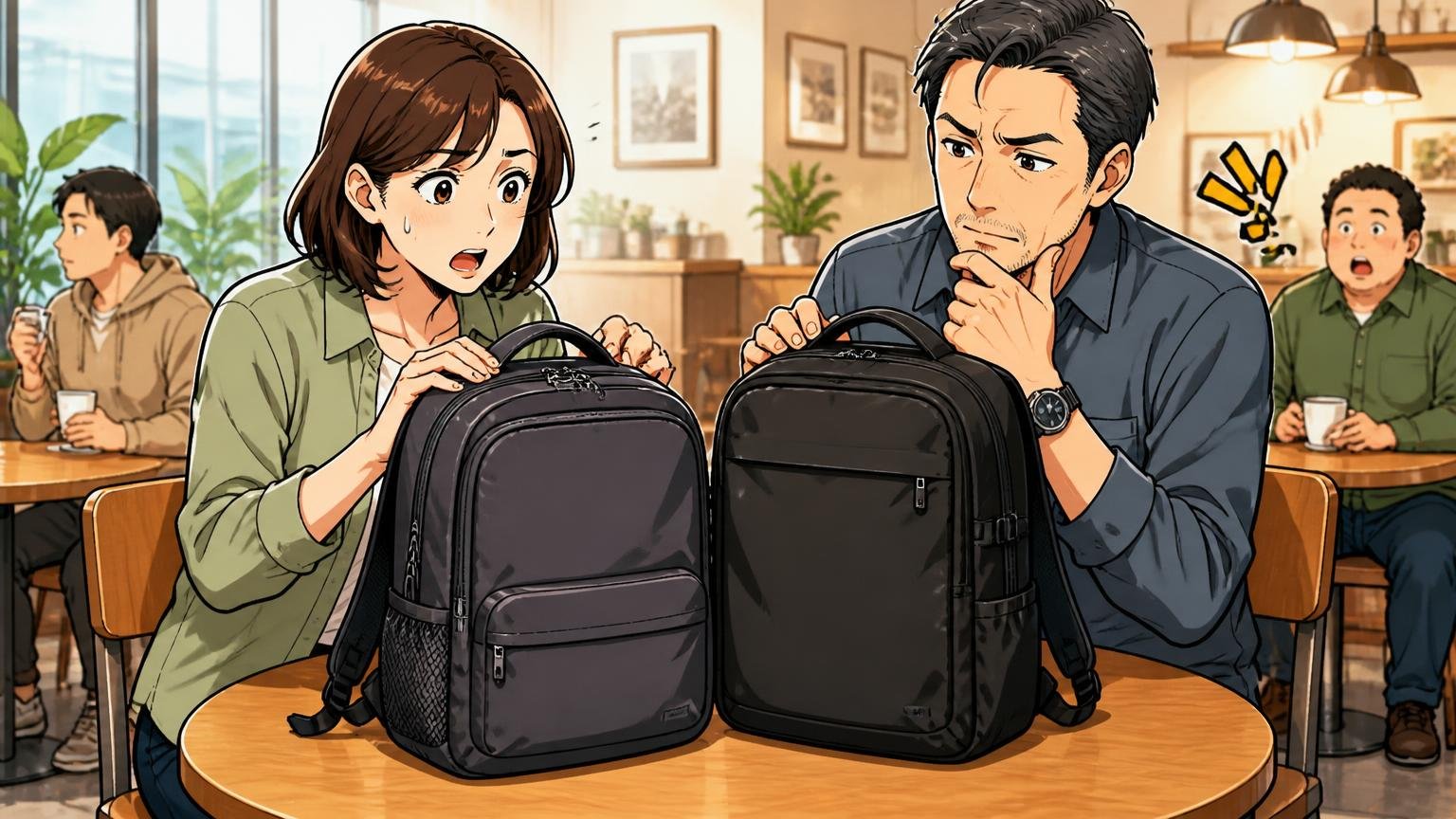 理由①「どのモデル（素材）の声か」が混ざっている、カフェのテーブルで2つの型番のリュックを並べた30代女性と40代男性の2人が見比べる場面