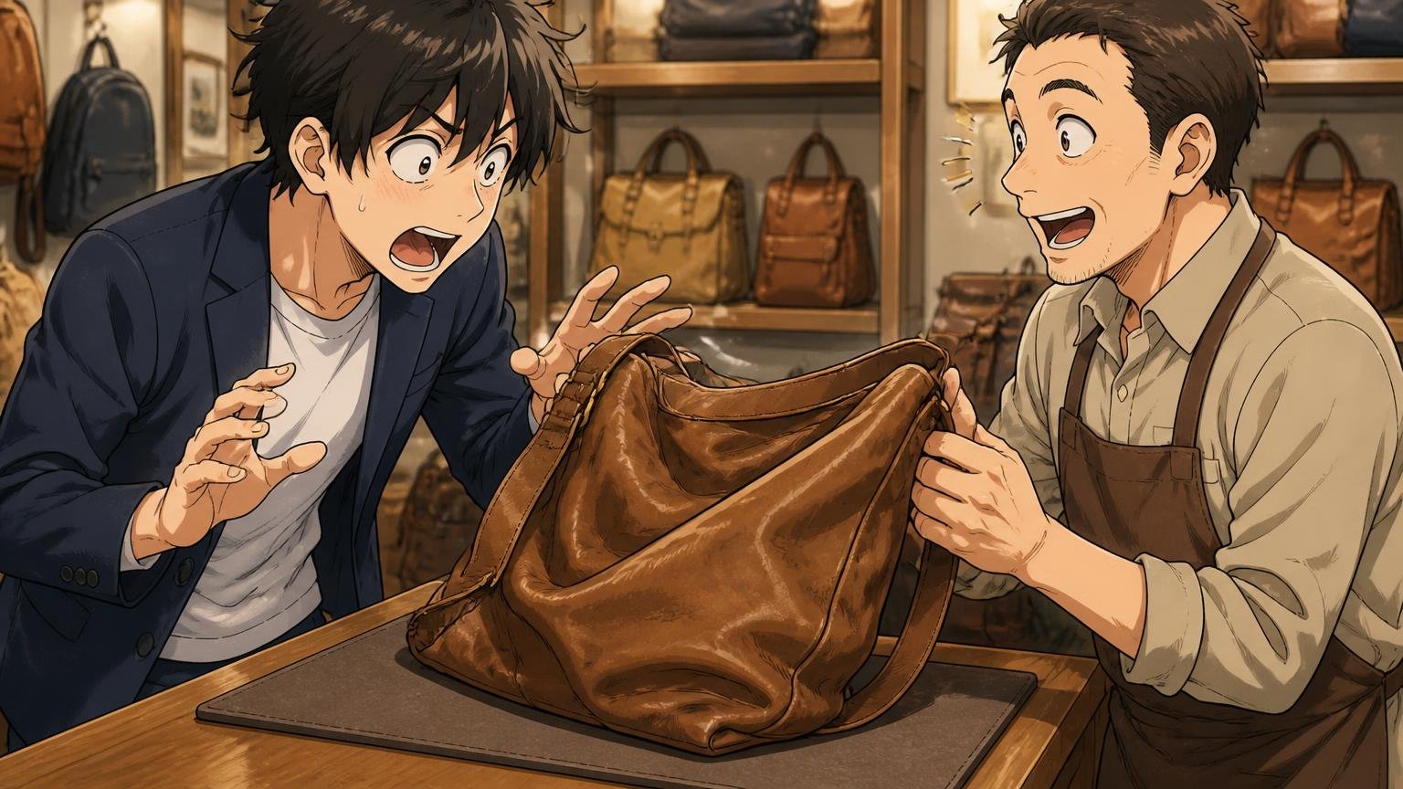 Antique Leatherは「柔らかさ」と引き換えに形が崩れやすい、店頭でくたっとした柔らかい革バッグに驚く男性と店員の場面