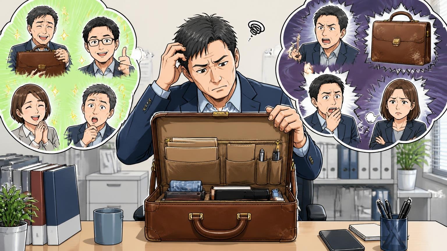 ソメスサドルの良い評判と悪い評判、オフィスのデスク脇で2年使ったブリーフケースを開けて中身を確かめ首をかしげる40代男性1人