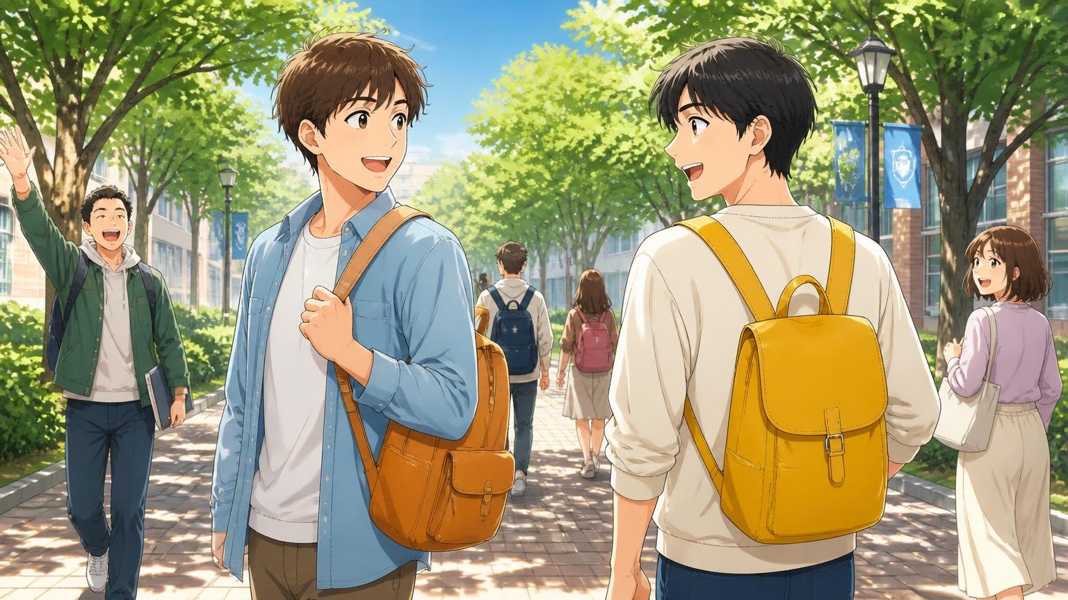 20代〜30代前半が持つなら|明るい色のリュックやショルダーで軽快に 大学のキャンパスの並木道で明るい色の革リュックを背負って笑顔で歩く20代男性2人の場面