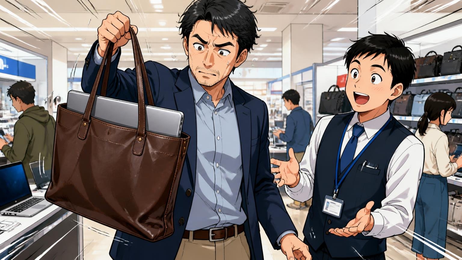 本体重量は「中身を入れた合計」で考える　家電量販店の売り場で革トートにノートPCを入れ、片手で持ち上げて重さを確かめる40代男性1人と店員1人