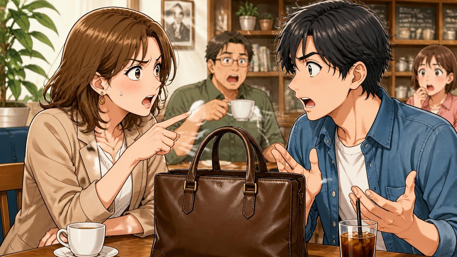 「おじさんっぽい？」と言われる理由と実際の評判 カフェで30代女性と20代男性が革バッグを前に言い合う場面