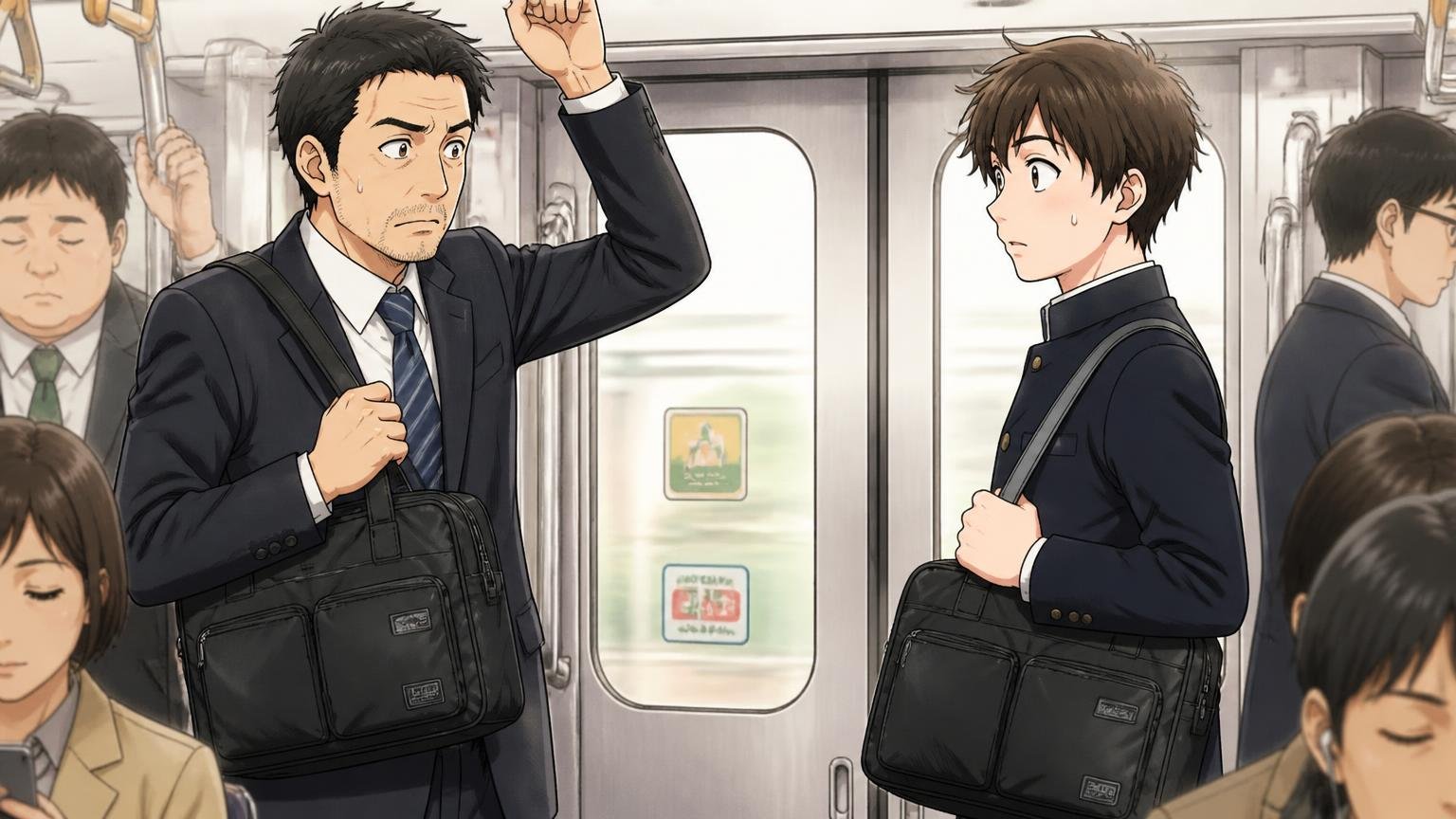 ポーターは被る、学生の頃のバッグと言われる？ 通勤電車の車内で同じバッグを持つ学生と目が合い気まずそうな40代男性1人と学生1人